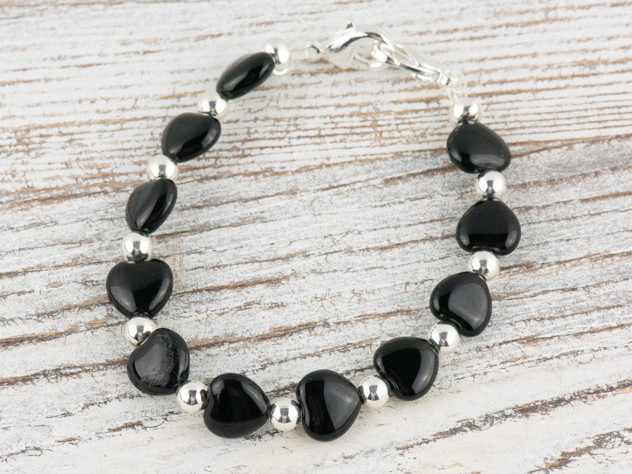 Little Black Hearts Interchangeable Stretch Beaded Watch Band • Medical ID Bracelet • Single Strand • Handmade Jewelry