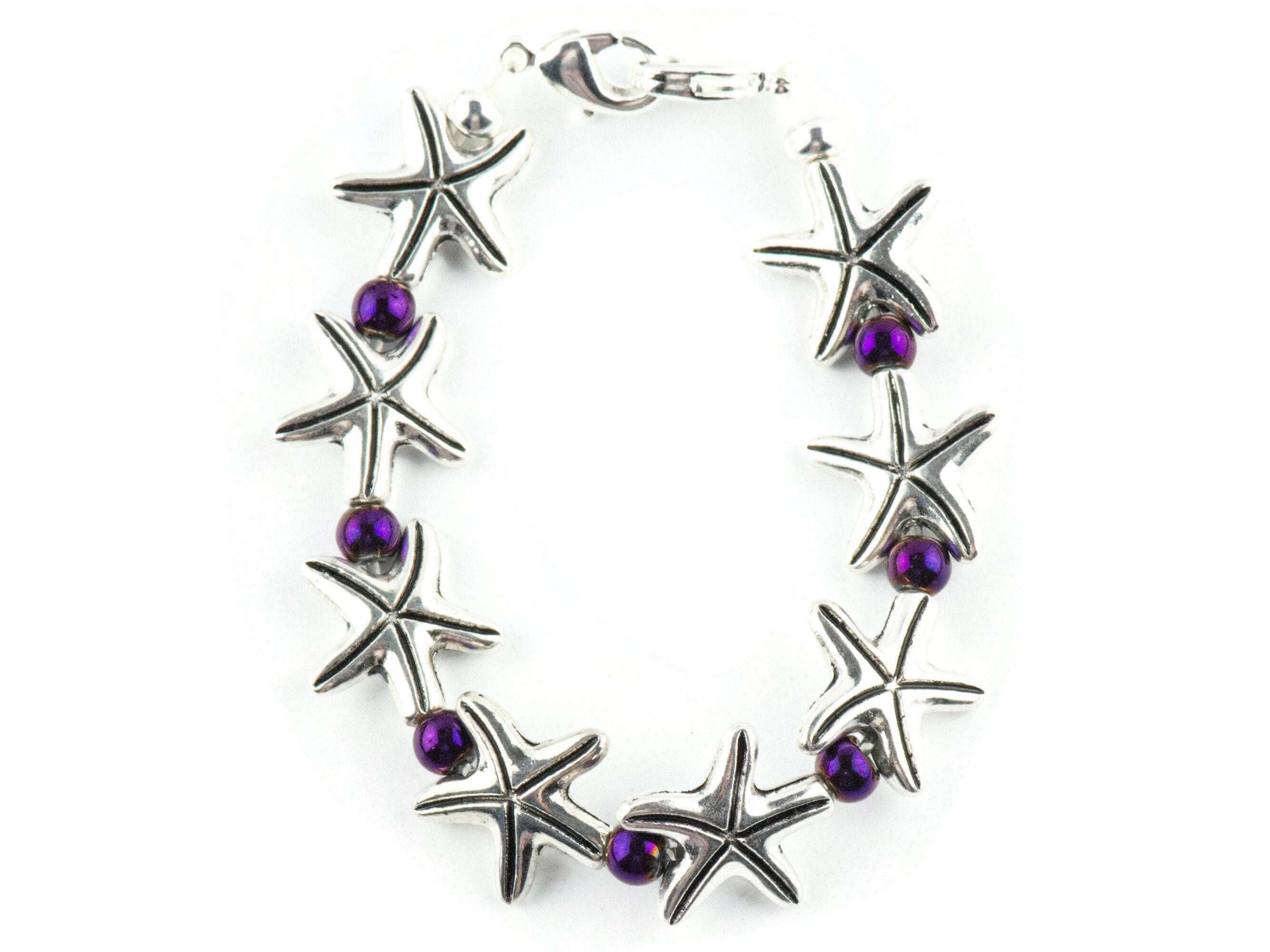 Purple Starfish Interchangeable Stretch Beaded Watch Band • Medical ID Bracelet • Single Strand • Handmade Jewelry