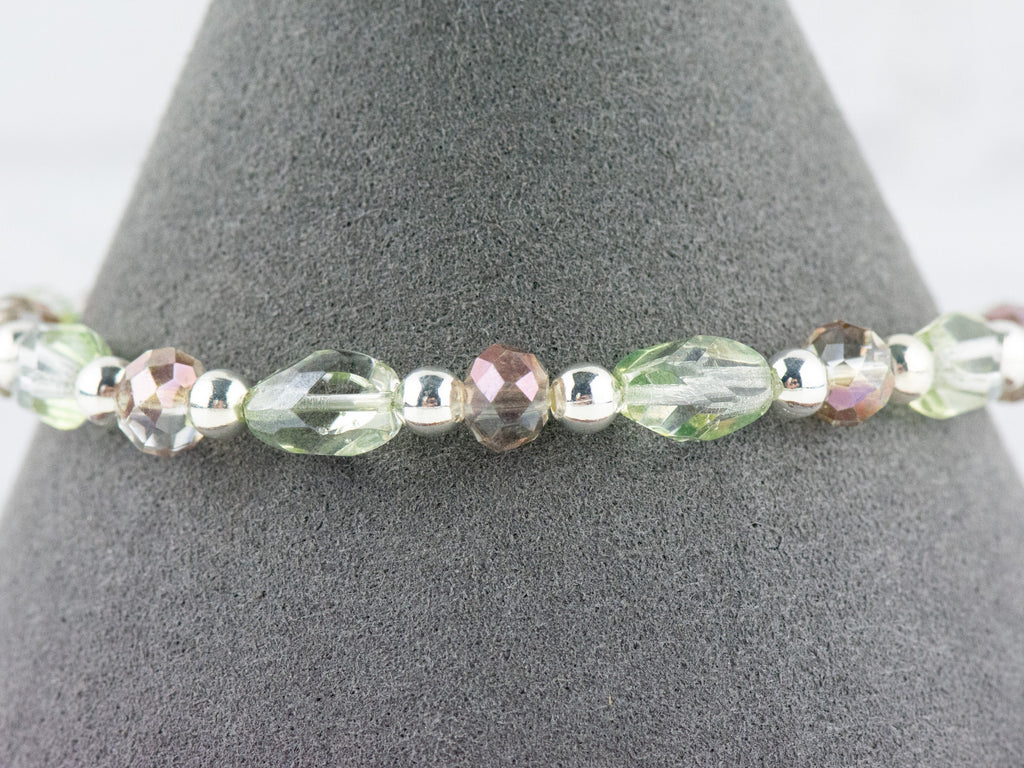 Sparkly Pink and Green Interchangeable Stretch Beaded Watch Band • Medical ID Bracelet • Single Strand • Handmade Jewelry