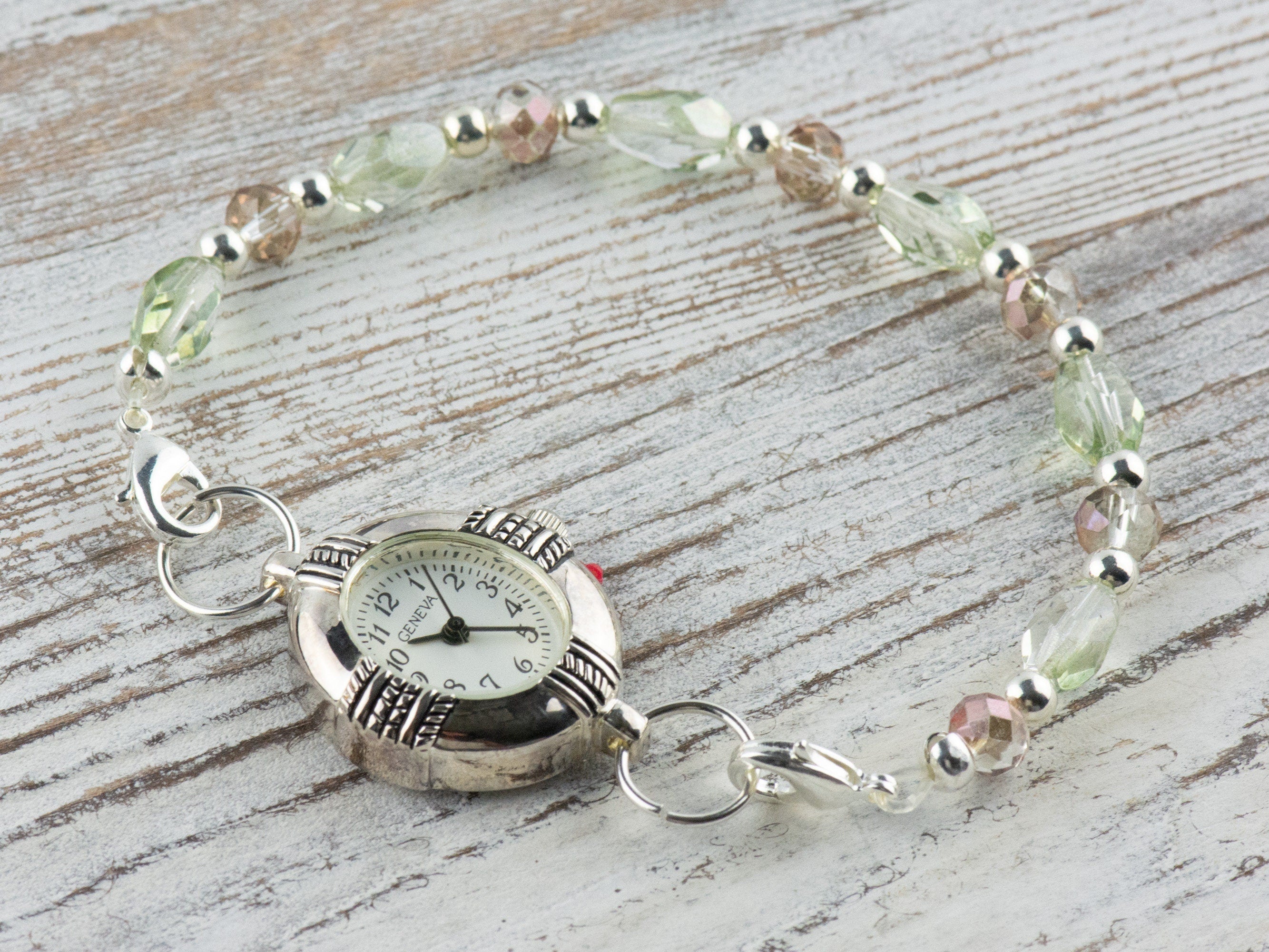 Sparkly Pink and Green Interchangeable Stretch Beaded Watch Band • Medical ID Bracelet • Single Strand • Handmade Jewelry
