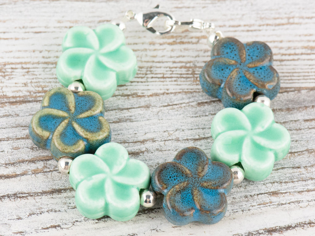 Blue Ceramic Flowers Interchangeable Stretch Beaded Watch Band • Medical ID Bracelet • Single Strand • Handmade Jewelry
