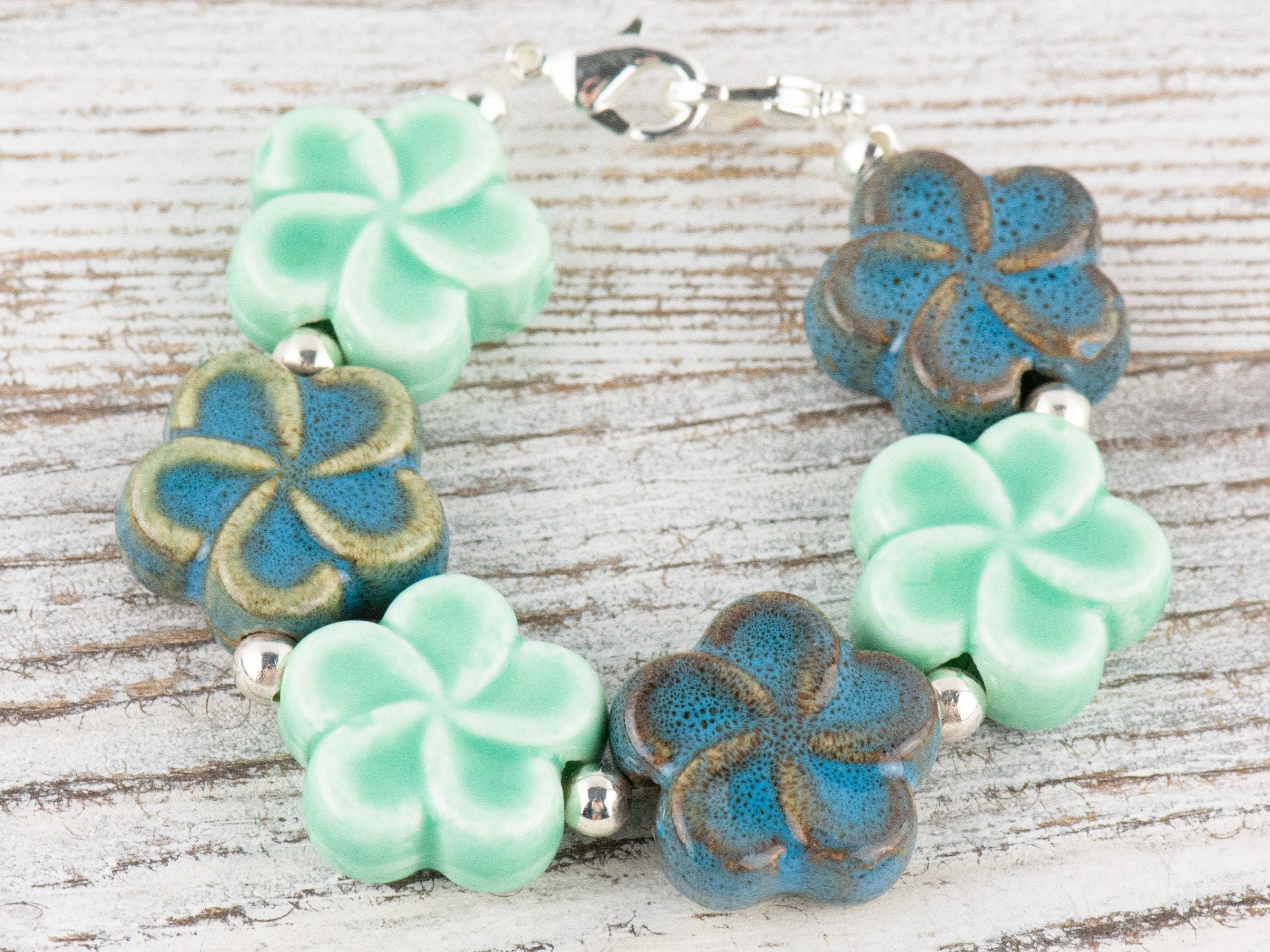 Blue Ceramic Flowers Interchangeable Stretch Beaded Watch Band • Medical ID Bracelet • Single Strand • Handmade Jewelry