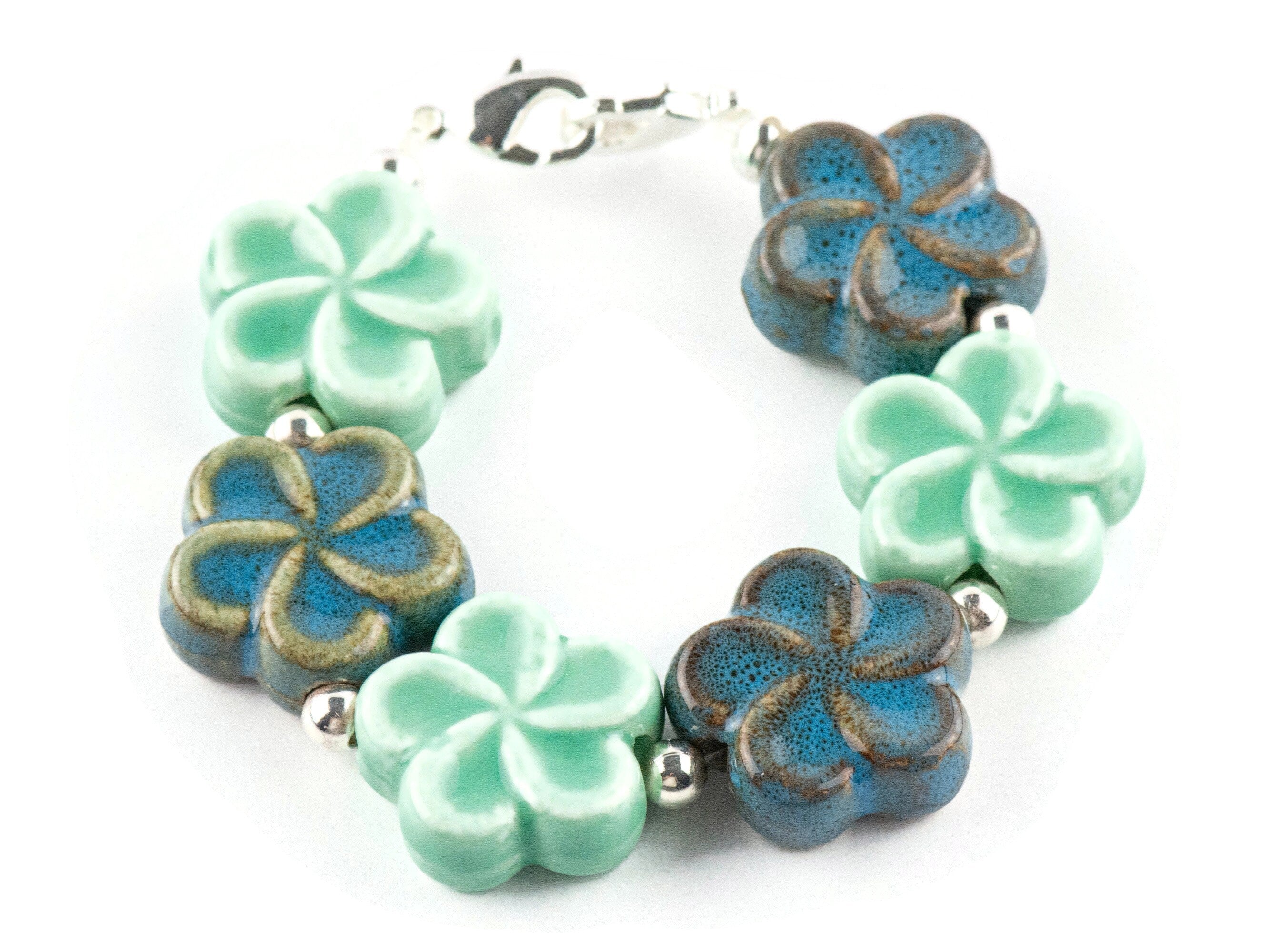 Blue Ceramic Flowers Interchangeable Stretch Beaded Watch Band • Medical ID Bracelet • Single Strand • Handmade Jewelry