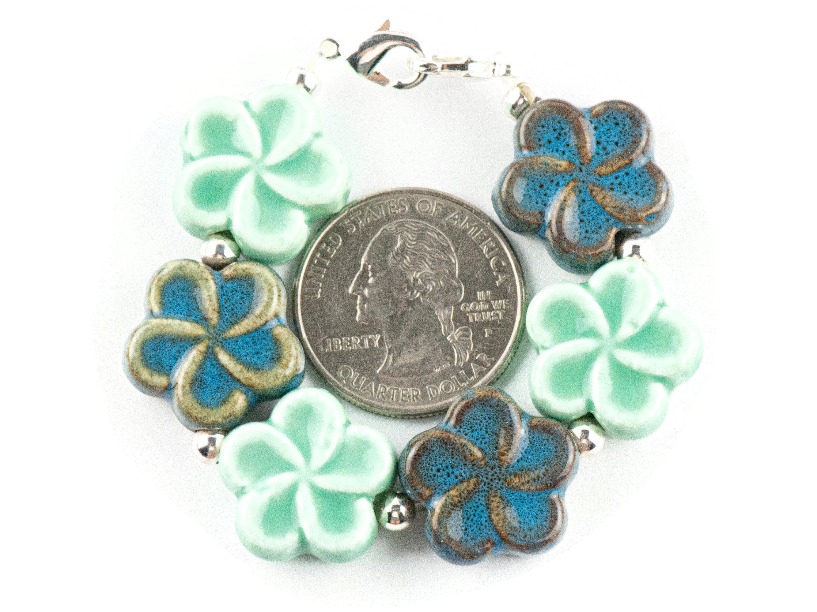 Blue Ceramic Flowers Interchangeable Stretch Beaded Watch Band • Medical ID Bracelet • Single Strand • Handmade Jewelry