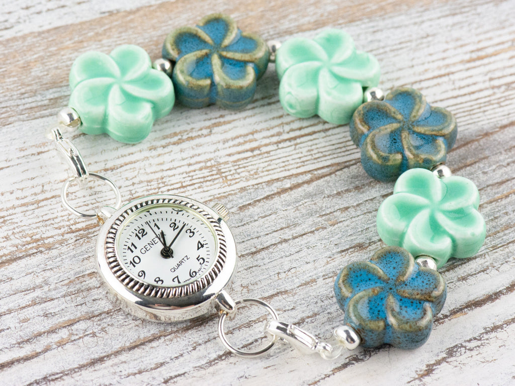 Blue Ceramic Flowers Interchangeable Stretch Beaded Watch Band • Medical ID Bracelet • Single Strand • Handmade Jewelry