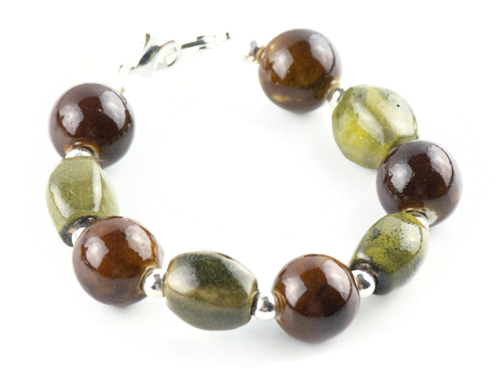 Brown and Olive Clay Interchangeable Stretch Beaded Watch Band • Medical ID Bracelet • Single Strand • Handmade Jewelry