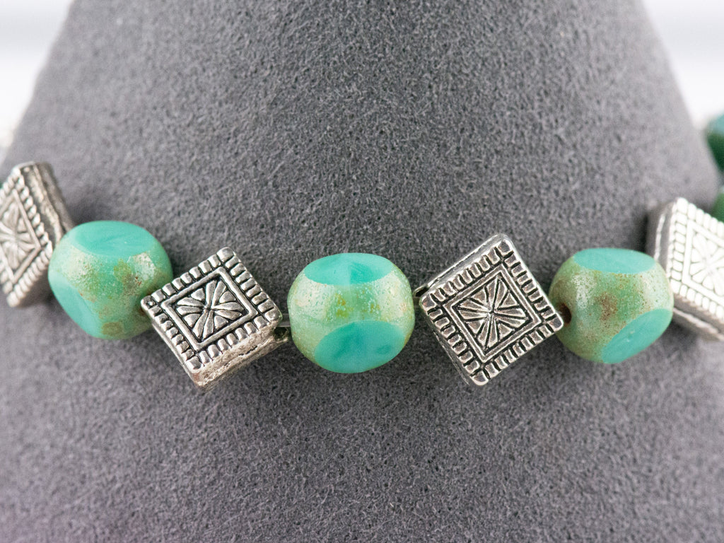 Aqua Czech Glass and Diamonds Interchangeable Stretch Beaded Watch Band • Medical ID Bracelet • Single Strand • Handmade Jewelry