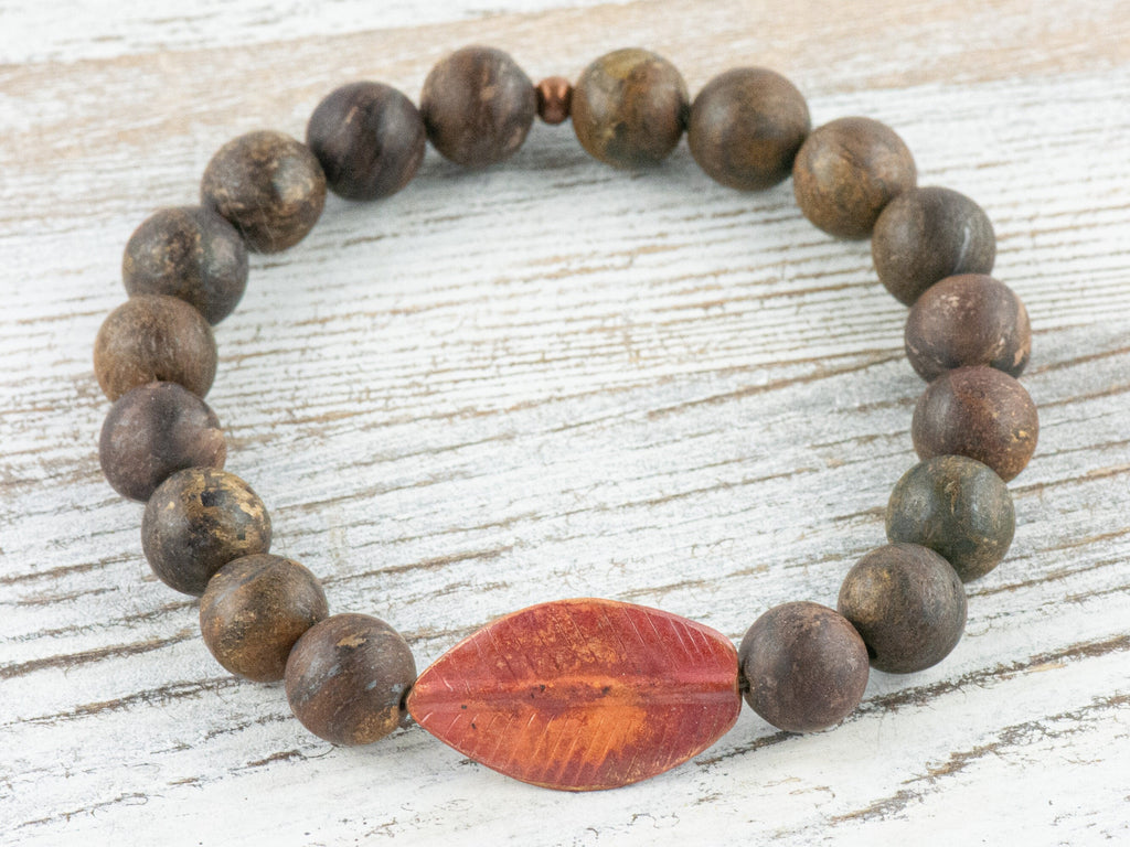 Copper Leaf Bronzite Beaded Stretch Bracelet / Boho Style Gemstone Bracelet / Nature Inspired Earthy Fall Jewelry