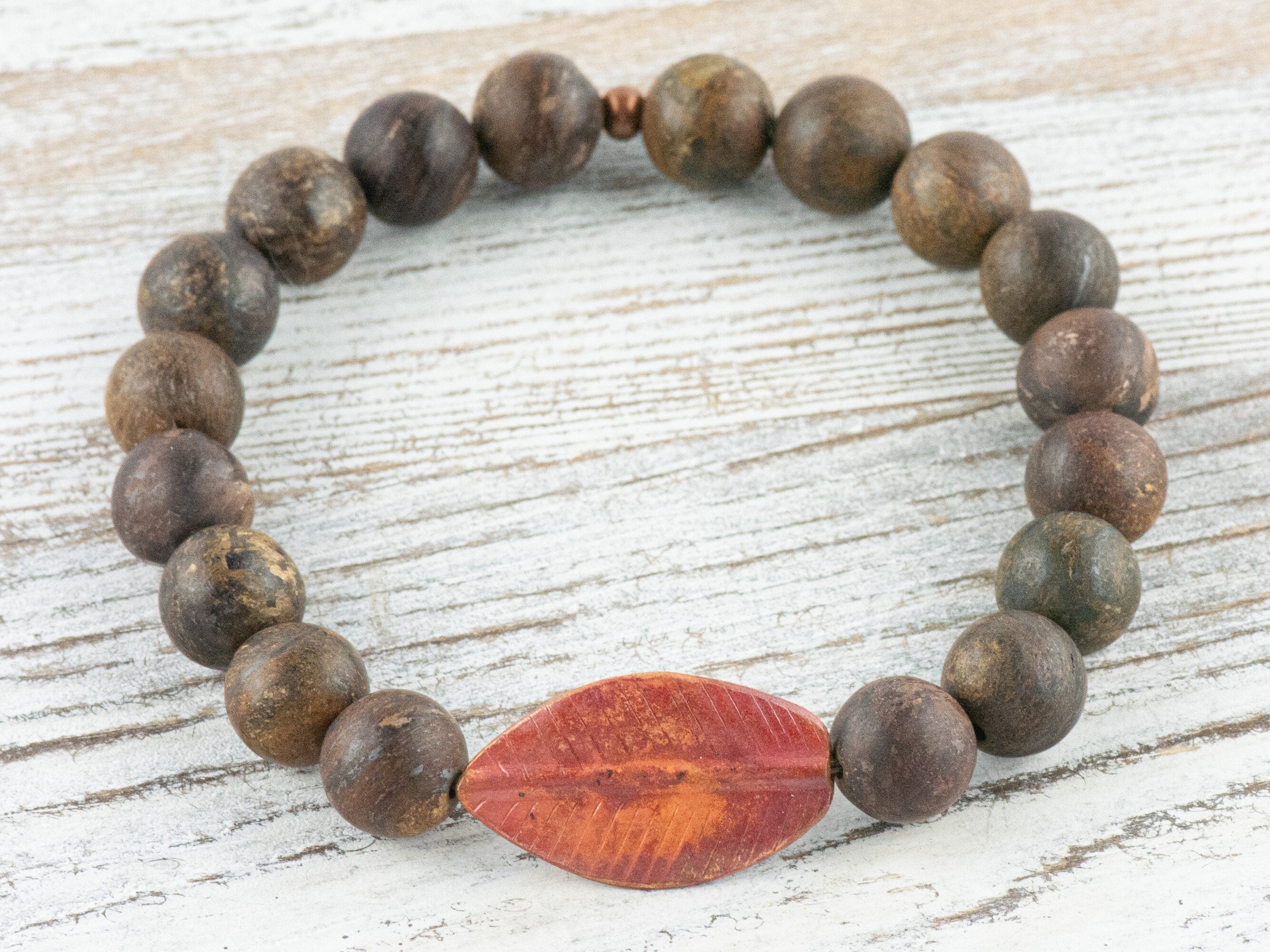 Copper Leaf Bronzite Beaded Stretch Bracelet / Boho Style Gemstone Bracelet / Nature Inspired Earthy Fall Jewelry