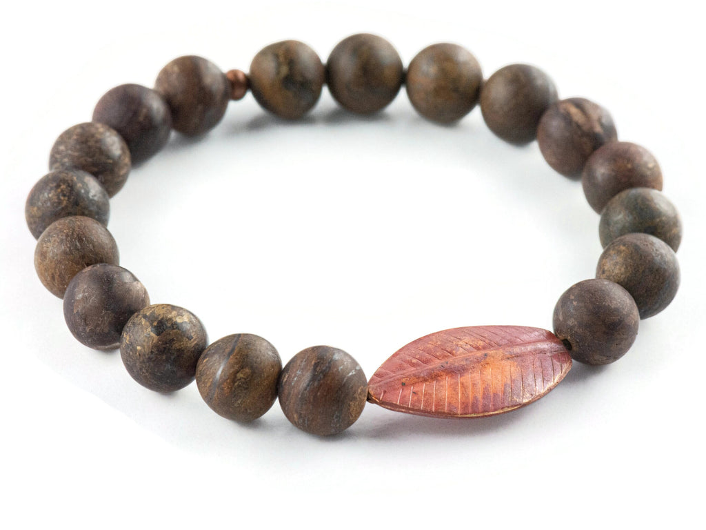 Copper Leaf Bronzite Beaded Stretch Bracelet / Boho Style Gemstone Bracelet / Nature Inspired Earthy Fall Jewelry