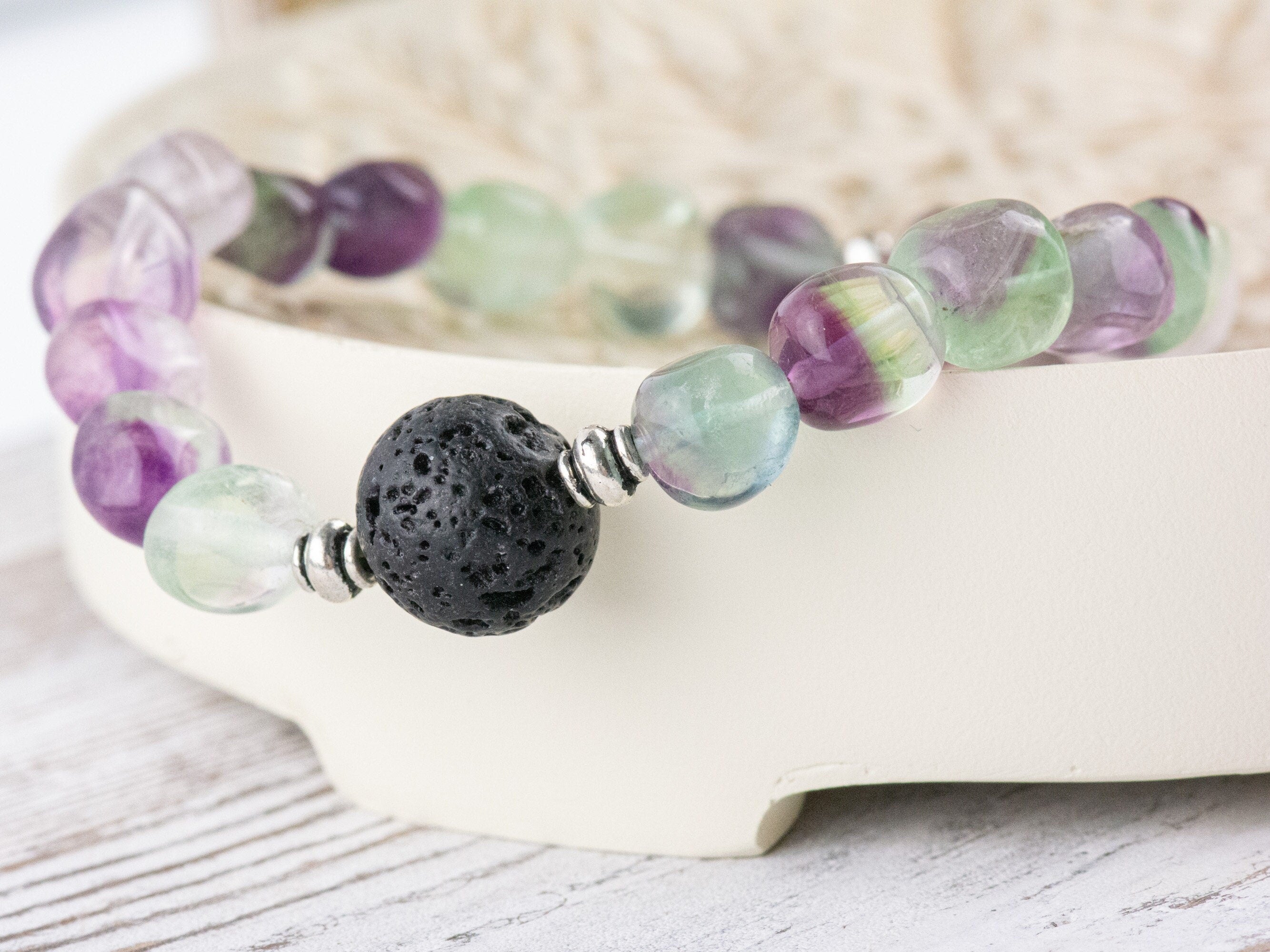 Fluorite Nugget and Lava Stone Beaded Stretch Bracelet / Handmade Gemstone Jewelry / Diffuser Bracelet
