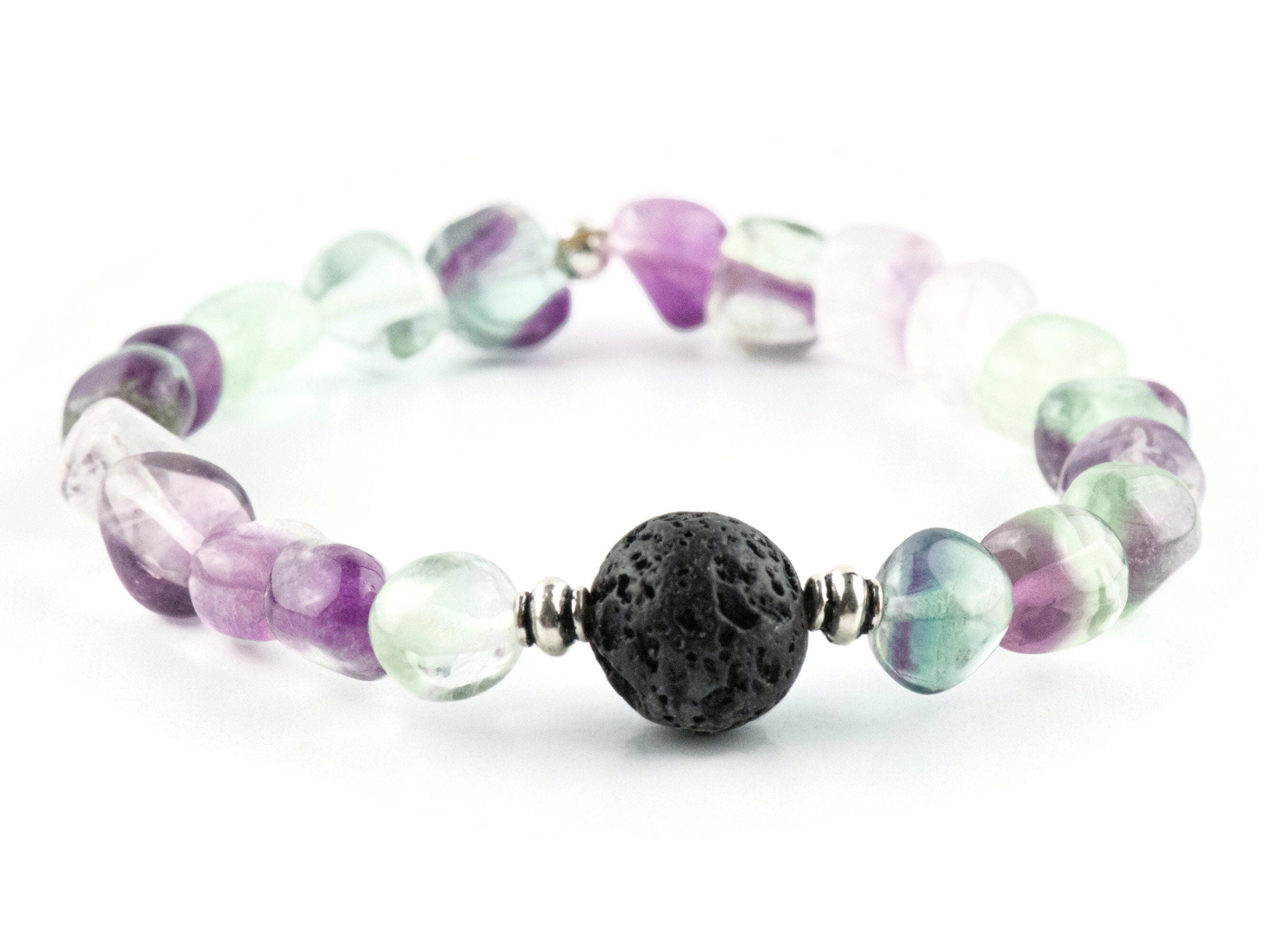 Fluorite Nugget and Lava Stone Beaded Stretch Bracelet / Handmade Gemstone Jewelry / Diffuser Bracelet