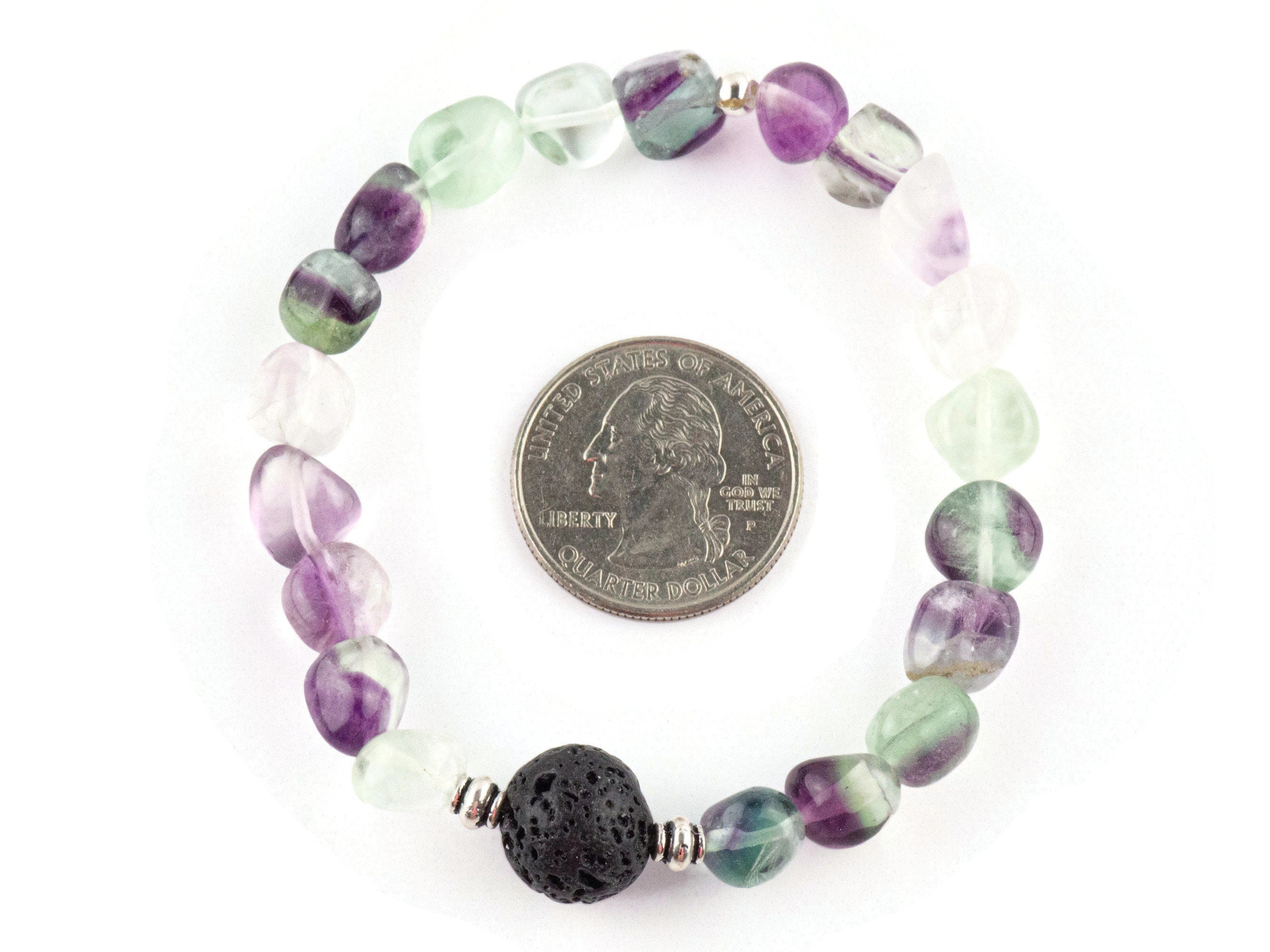 Fluorite Nugget and Lava Stone Beaded Stretch Bracelet / Handmade Gemstone Jewelry / Diffuser Bracelet