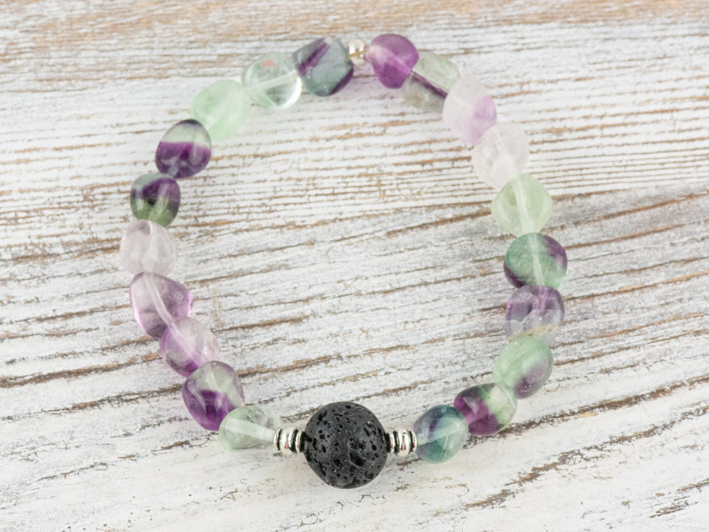 Fluorite Nugget and Lava Stone Beaded Stretch Bracelet / Handmade Gemstone Jewelry / Diffuser Bracelet
