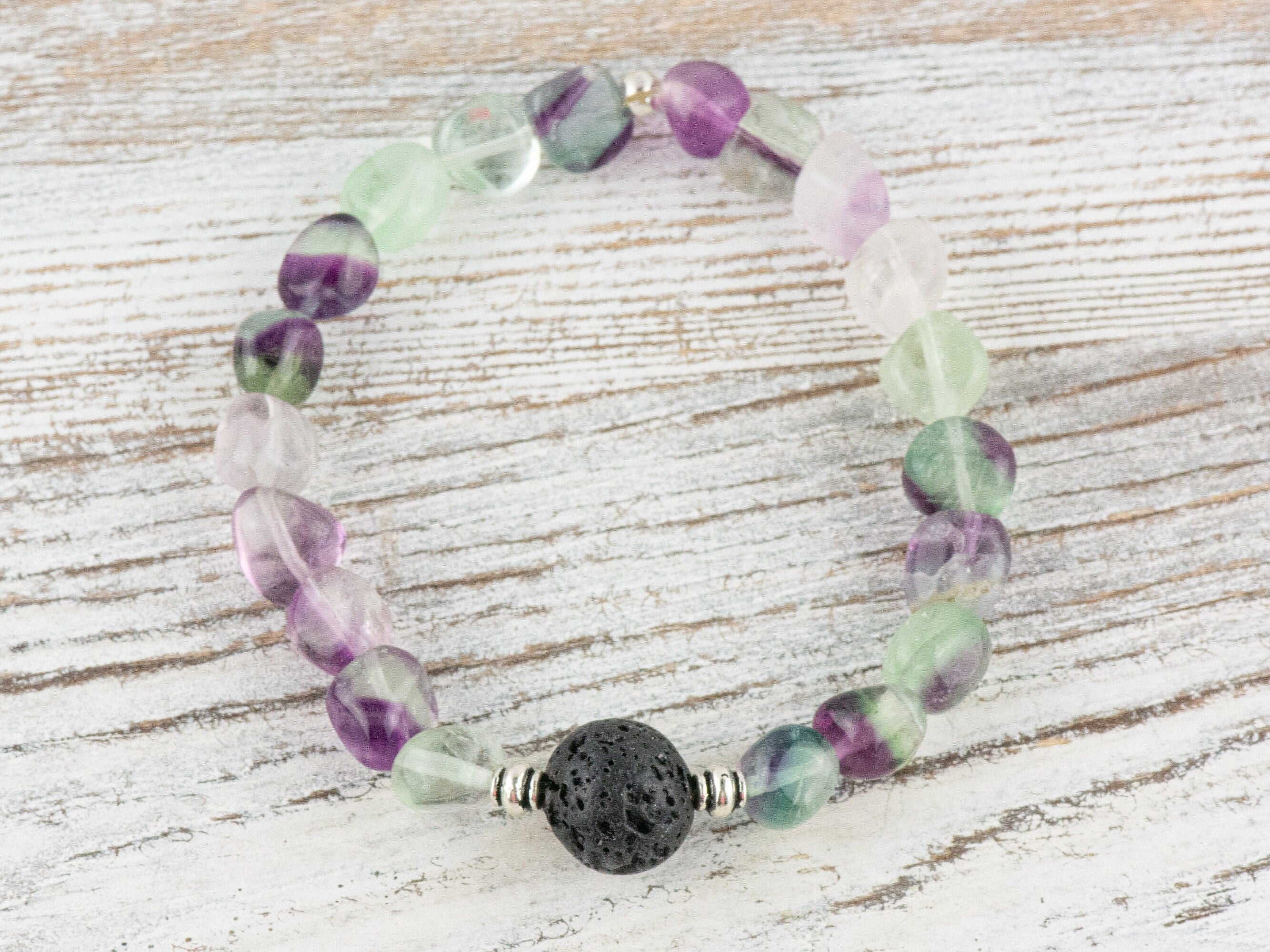 Fluorite Nugget and Lava Stone Beaded Stretch Bracelet / Handmade Gemstone Jewelry / Diffuser Bracelet