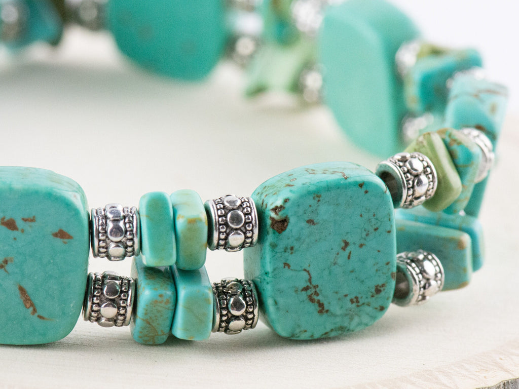 Howlite Gemstone Double Strand Silver Plated Stretch Bracelet / Turquoise Blue / Bohemian Jewelry