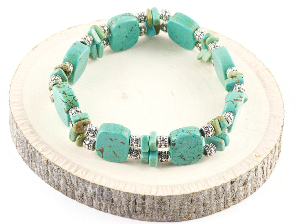 Howlite Gemstone Double Strand Silver Plated Stretch Bracelet / Turquoise Blue / Bohemian Jewelry