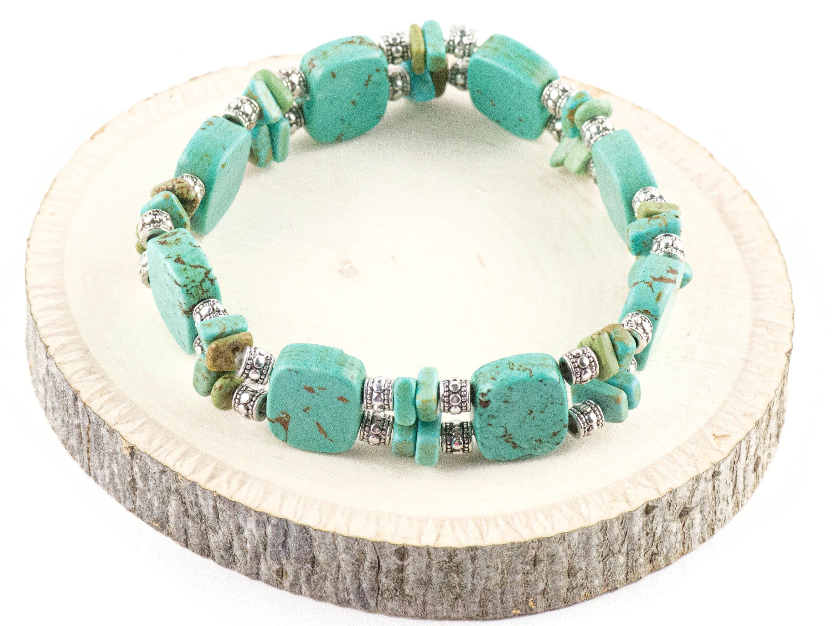Howlite Gemstone Double Strand Silver Plated Stretch Bracelet / Turquoise Blue / Bohemian Jewelry
