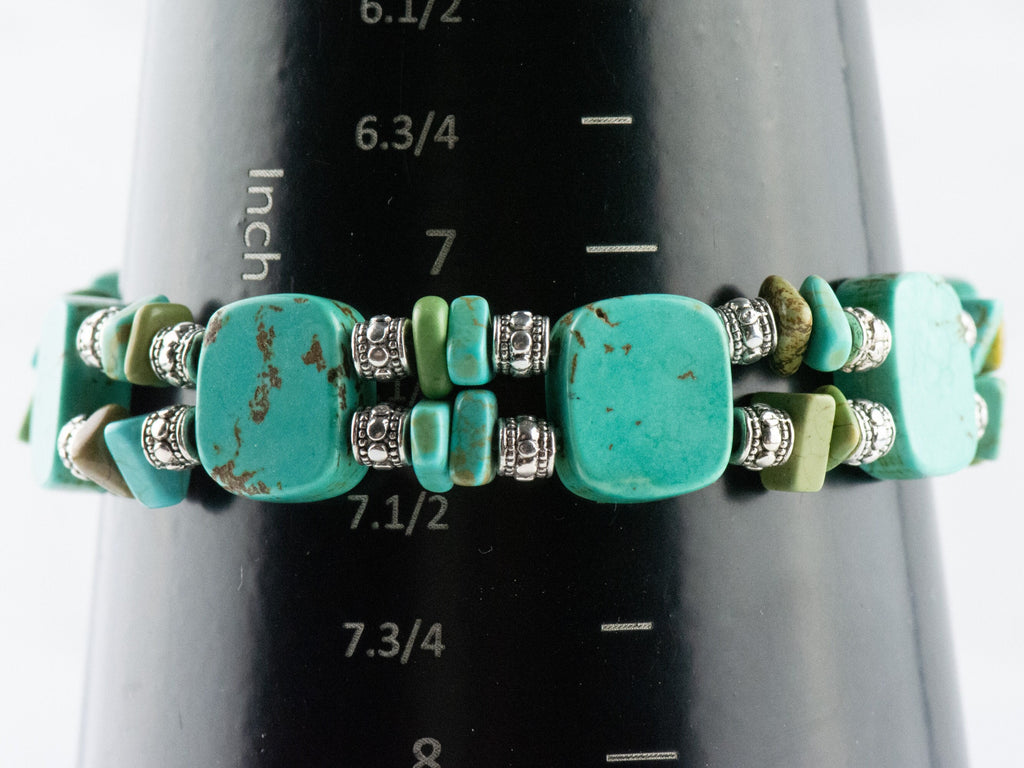 Howlite Gemstone Double Strand Silver Plated Stretch Bracelet / Turquoise Blue / Bohemian Jewelry
