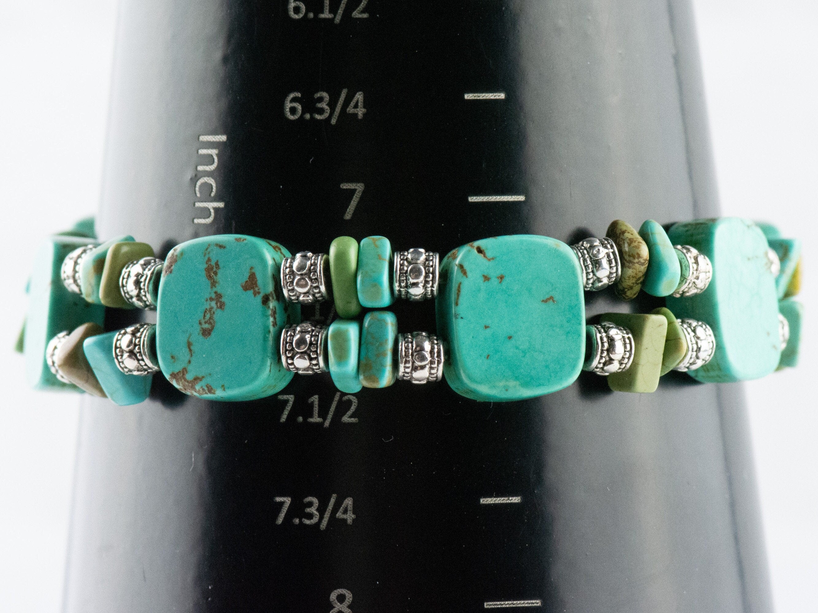 Howlite Gemstone Double Strand Silver Plated Stretch Bracelet / Turquoise Blue / Bohemian Jewelry