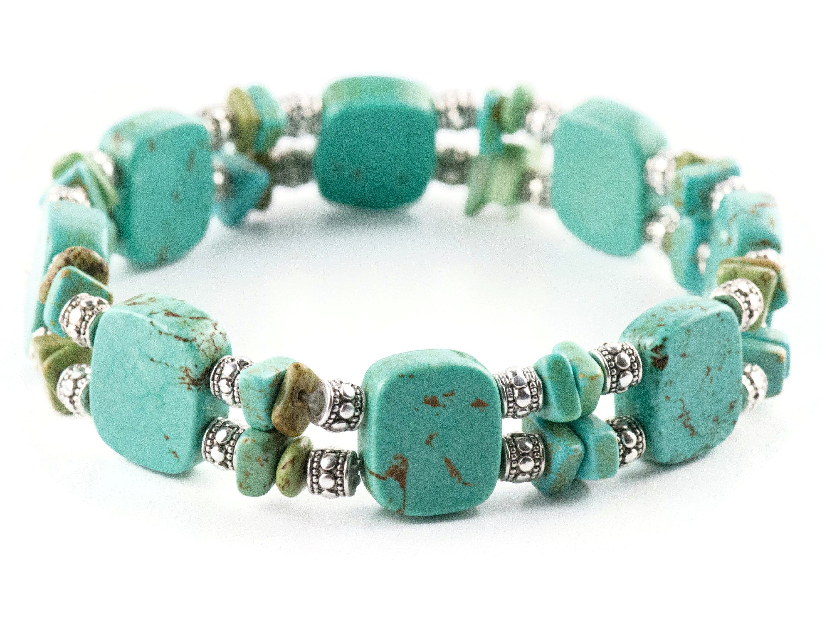 Howlite Gemstone Double Strand Silver Plated Stretch Bracelet / Turquoise Blue / Bohemian Jewelry