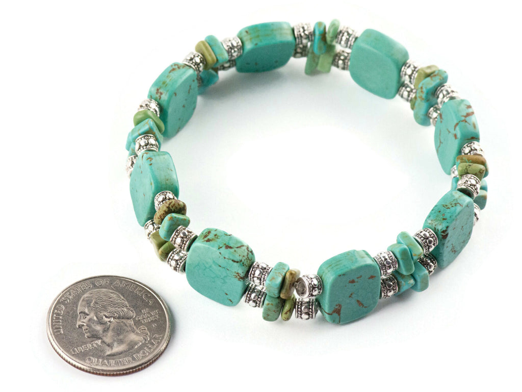 Howlite Gemstone Double Strand Silver Plated Stretch Bracelet / Turquoise Blue / Bohemian Jewelry