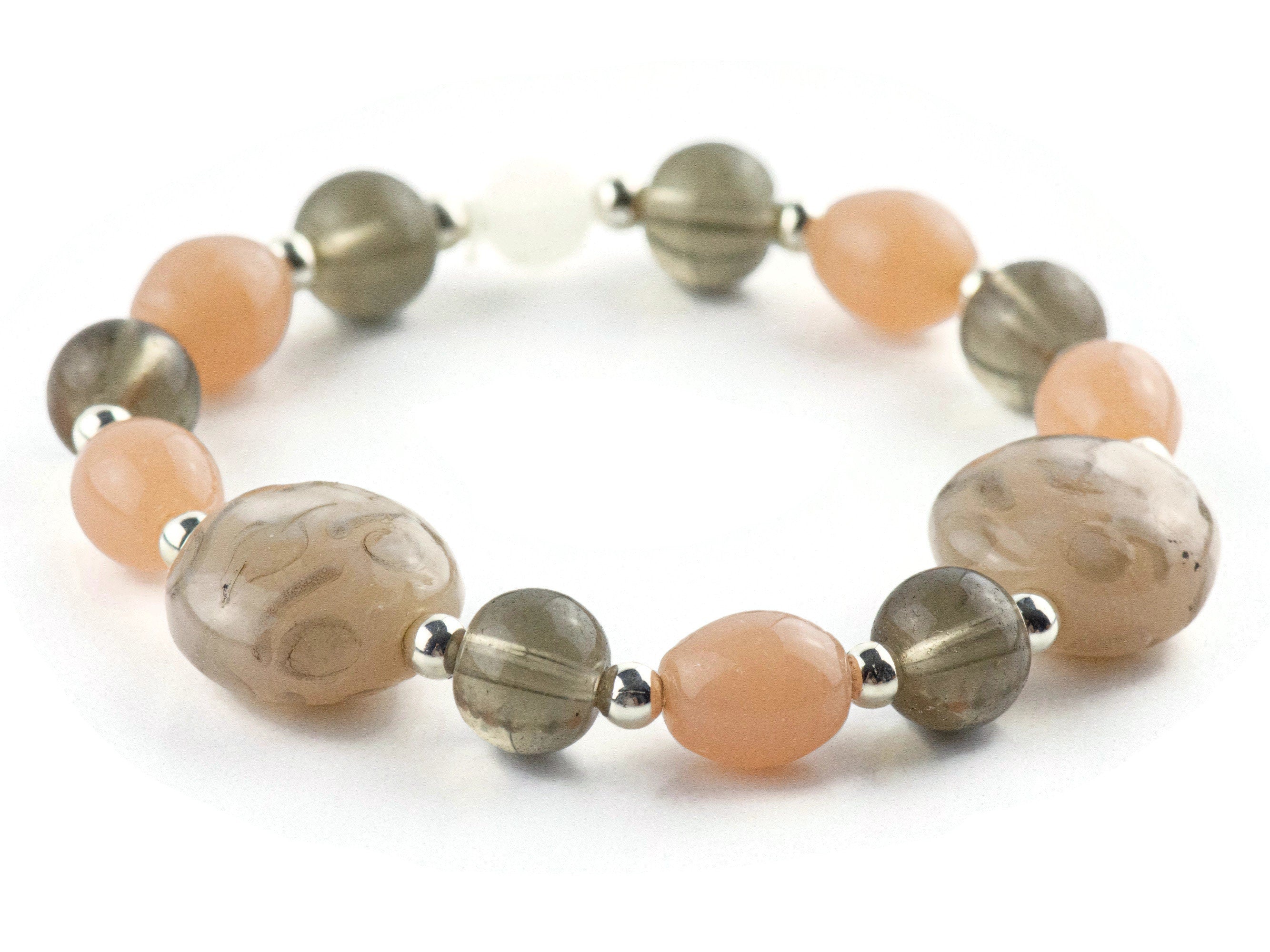 Peach and Olive Chunky Glass Beaded Stretch Bracelet / Handmade Jewelry / Boho Style