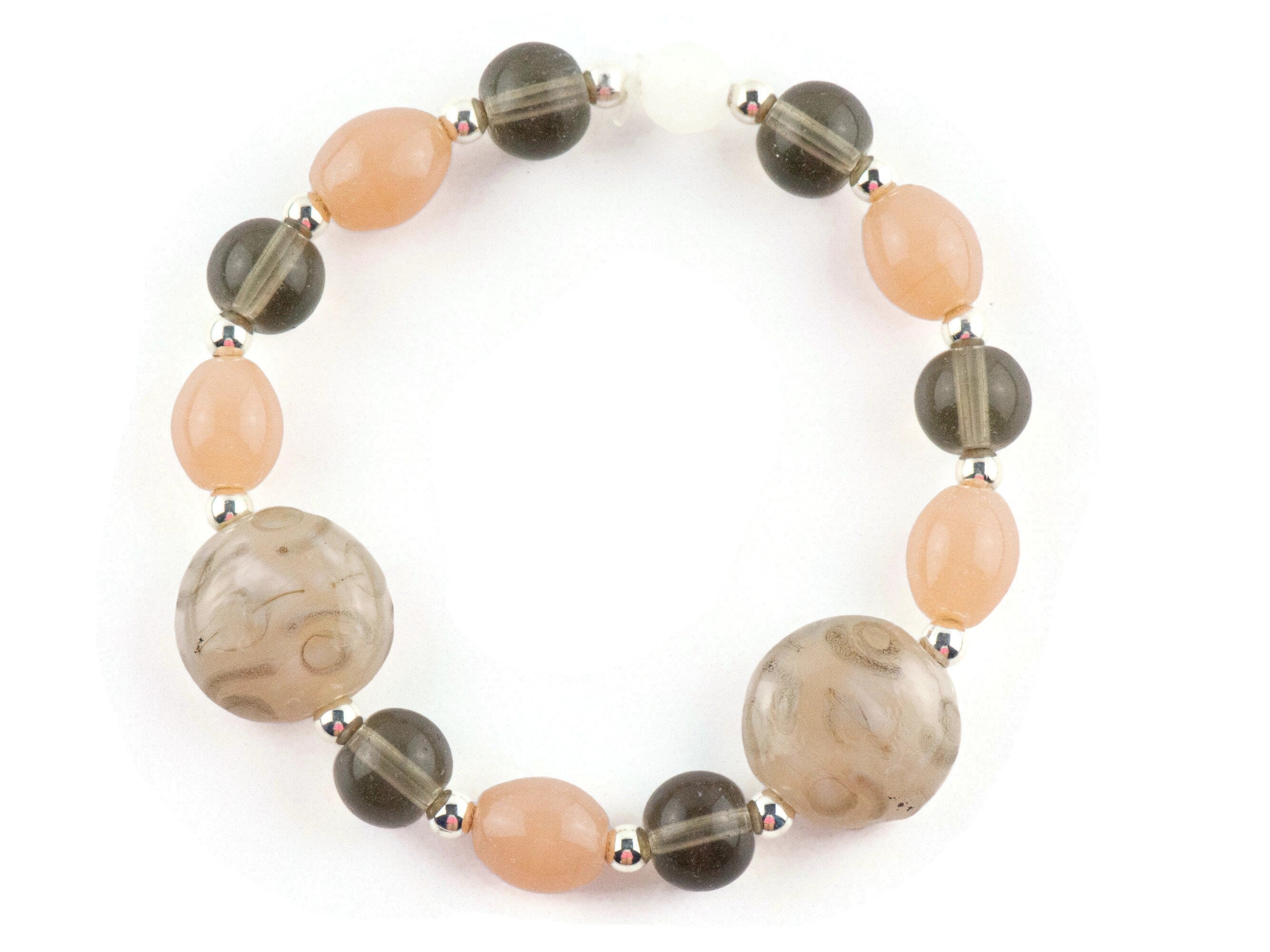 Peach and Olive Chunky Glass Beaded Stretch Bracelet / Handmade Jewelry / Boho Style