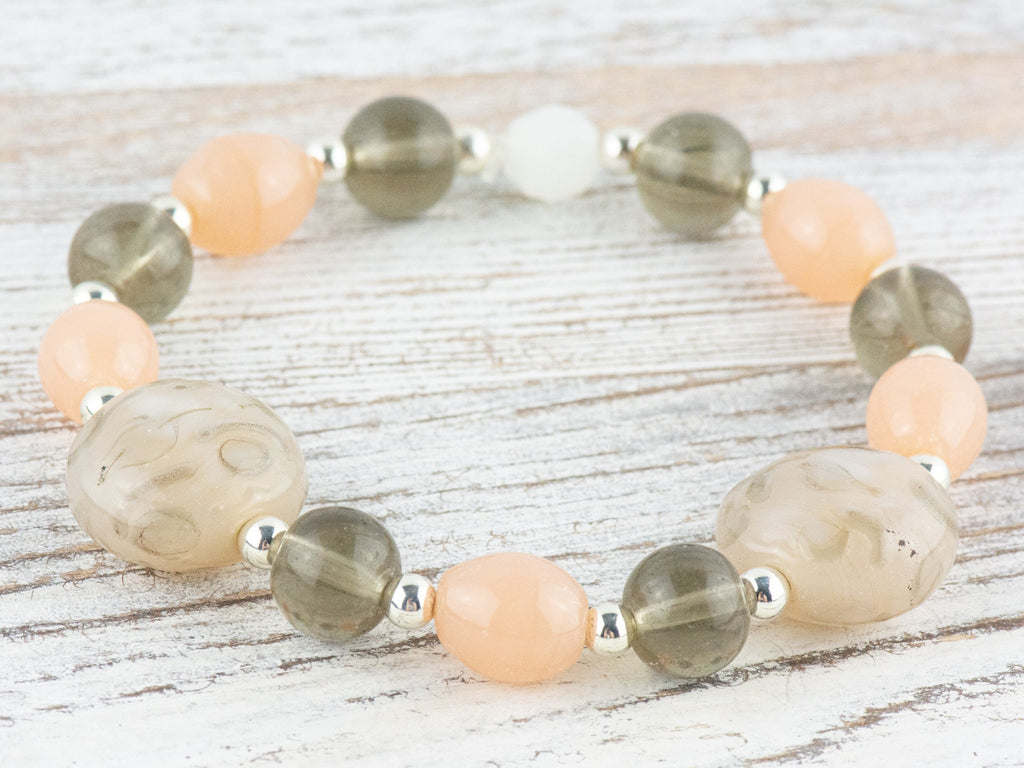 Peach and Olive Chunky Glass Beaded Stretch Bracelet / Handmade Jewelry / Boho Style