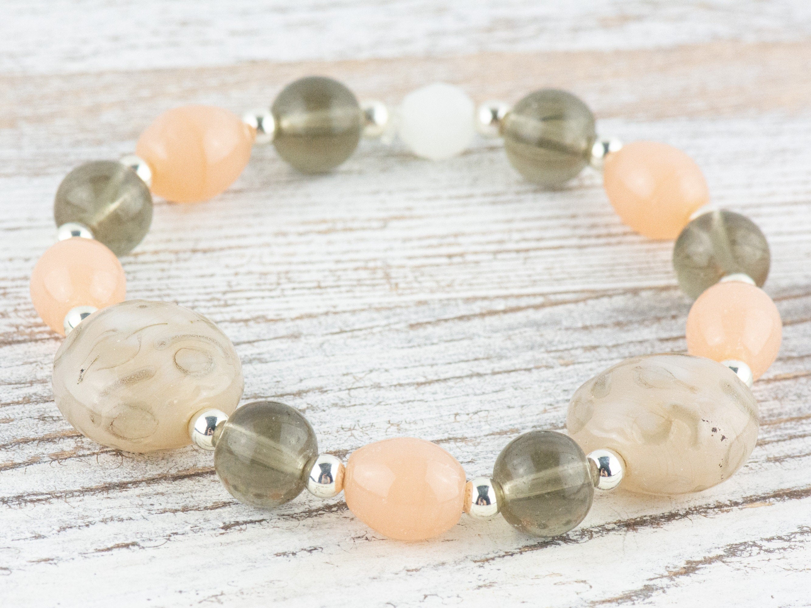 Peach and Olive Chunky Glass Beaded Stretch Bracelet / Handmade Jewelry / Boho Style