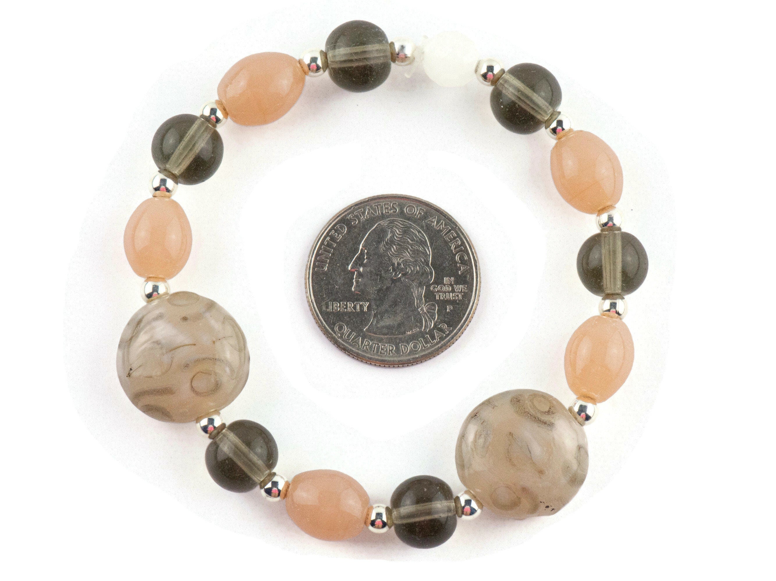 Peach and Olive Chunky Glass Beaded Stretch Bracelet / Handmade Jewelry / Boho Style