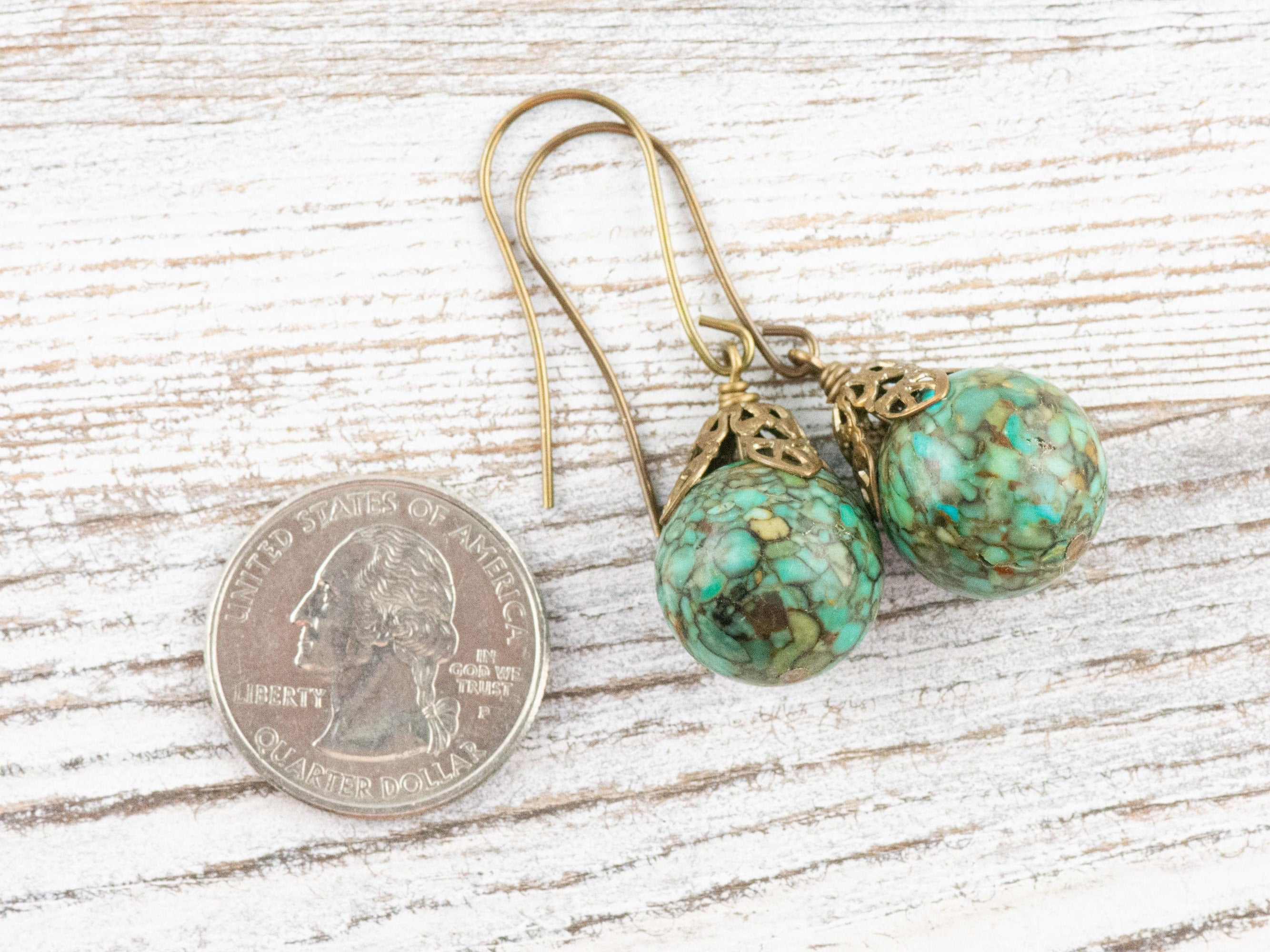 Mosaic Blue Green Turquoise Filigree Brass Earrings / Handmade Earrings / Earthy Brass Jewelry