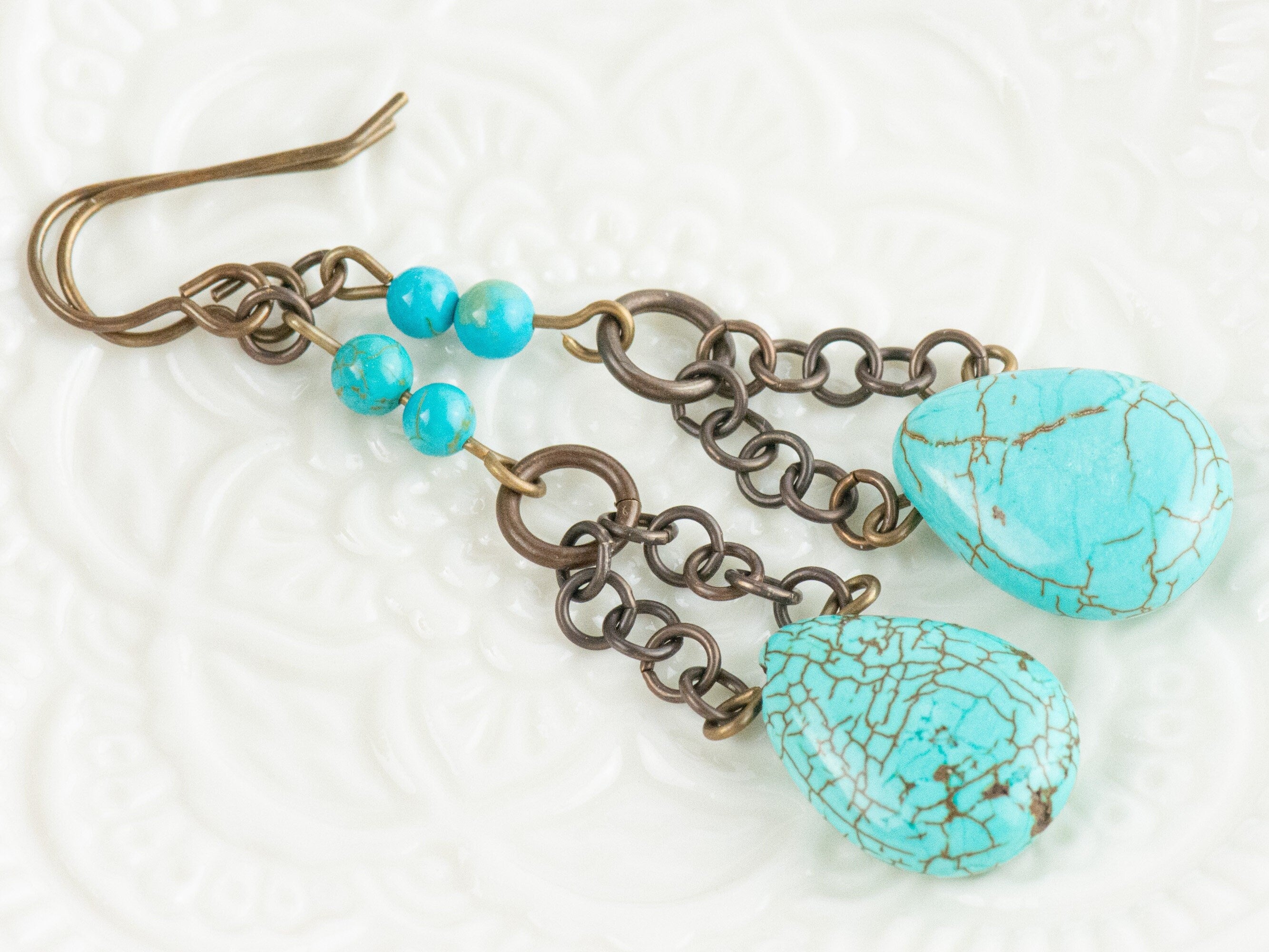 Howlite Chain Teardrop Brass Earrings • Turquoise Blue • Handmade Jewelry • Boho Style Earthy Jewelry • Jewelry Gift for Her