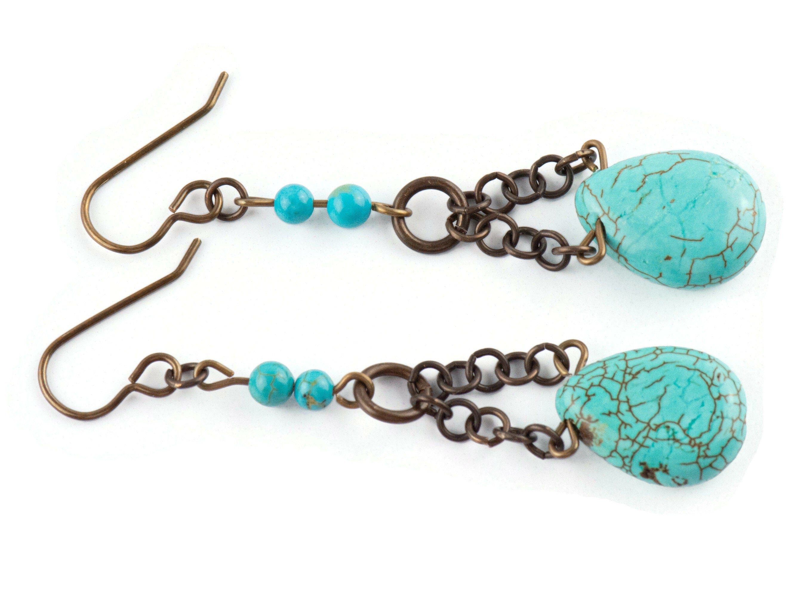 Howlite Chain Teardrop Brass Earrings • Turquoise Blue • Handmade Jewelry • Boho Style Earthy Jewelry • Jewelry Gift for Her
