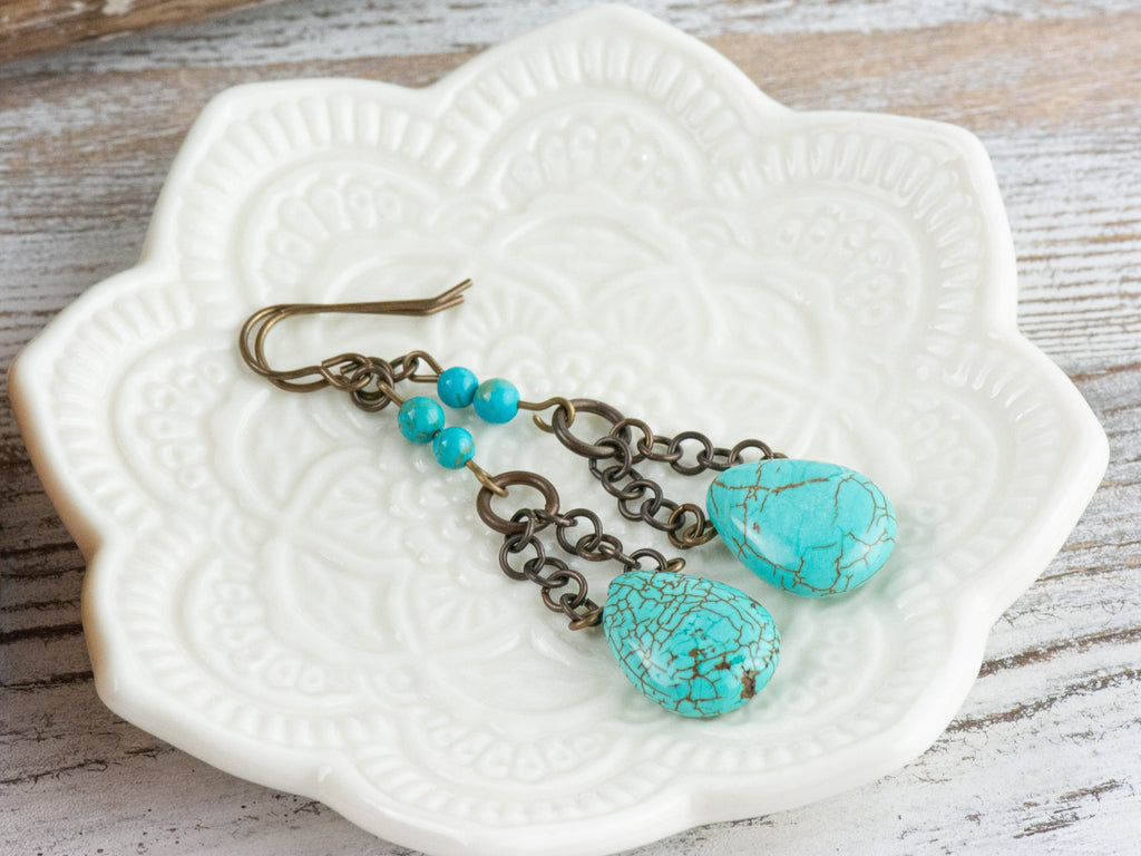 Howlite Chain Teardrop Brass Earrings • Turquoise Blue • Handmade Jewelry • Boho Style Earthy Jewelry • Jewelry Gift for Her