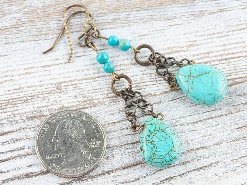 Howlite Chain Teardrop Brass Earrings • Turquoise Blue • Handmade Jewelry • Boho Style Earthy Jewelry • Jewelry Gift for Her