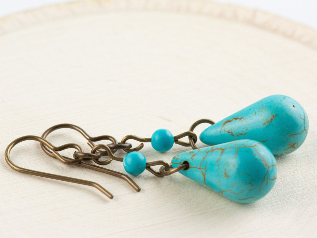 Howlite Teardrop Brass Earrings • Turquoise Blue • Handmade Earrings • Boho Style Earthy Jewelry • Jewelry Gift for Her