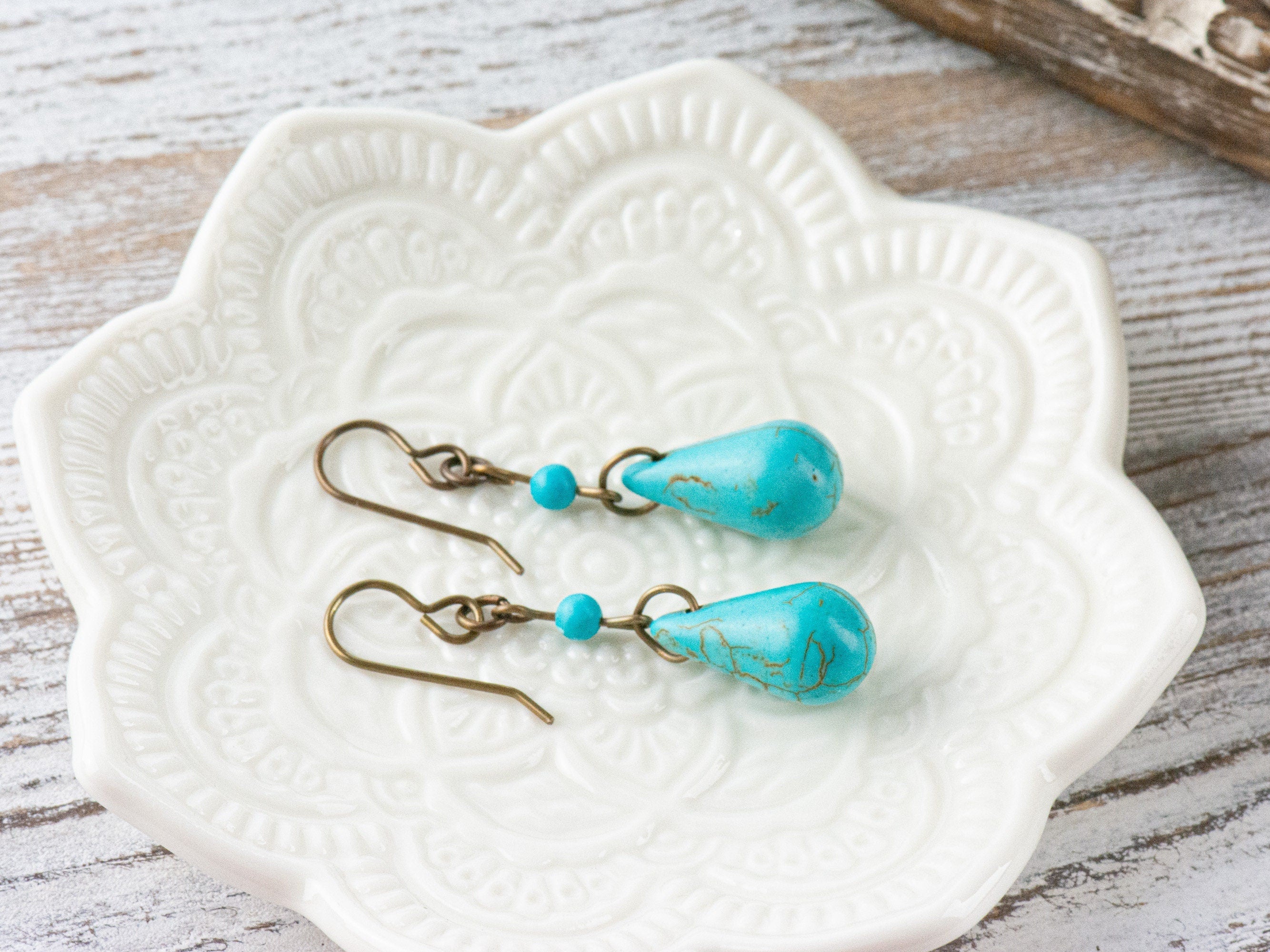 Howlite Teardrop Brass Earrings • Turquoise Blue • Handmade Earrings • Boho Style Earthy Jewelry • Jewelry Gift for Her