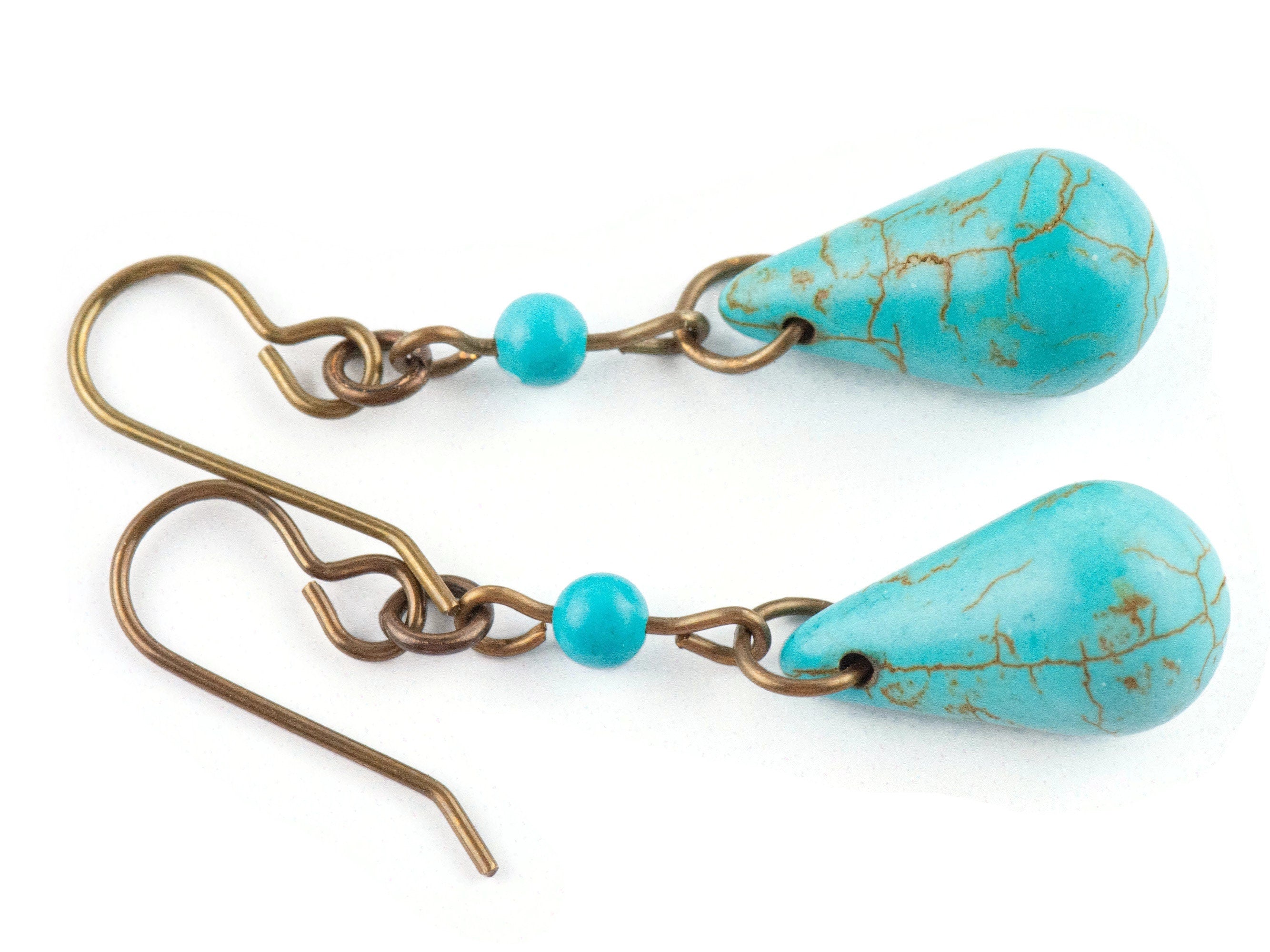 Howlite Teardrop Brass Earrings • Turquoise Blue • Handmade Earrings • Boho Style Earthy Jewelry • Jewelry Gift for Her