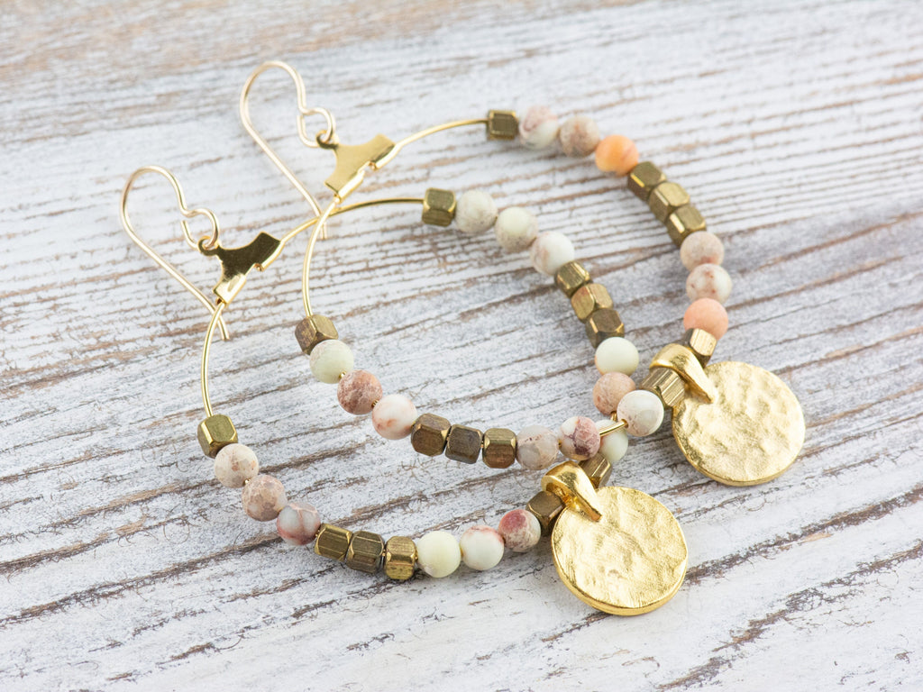 Natural White Impression Jasper Gold Coin Hoop Earrings • Gemstone Jewelry • Boho Dangle Earrings • Jewelry Gift for Her