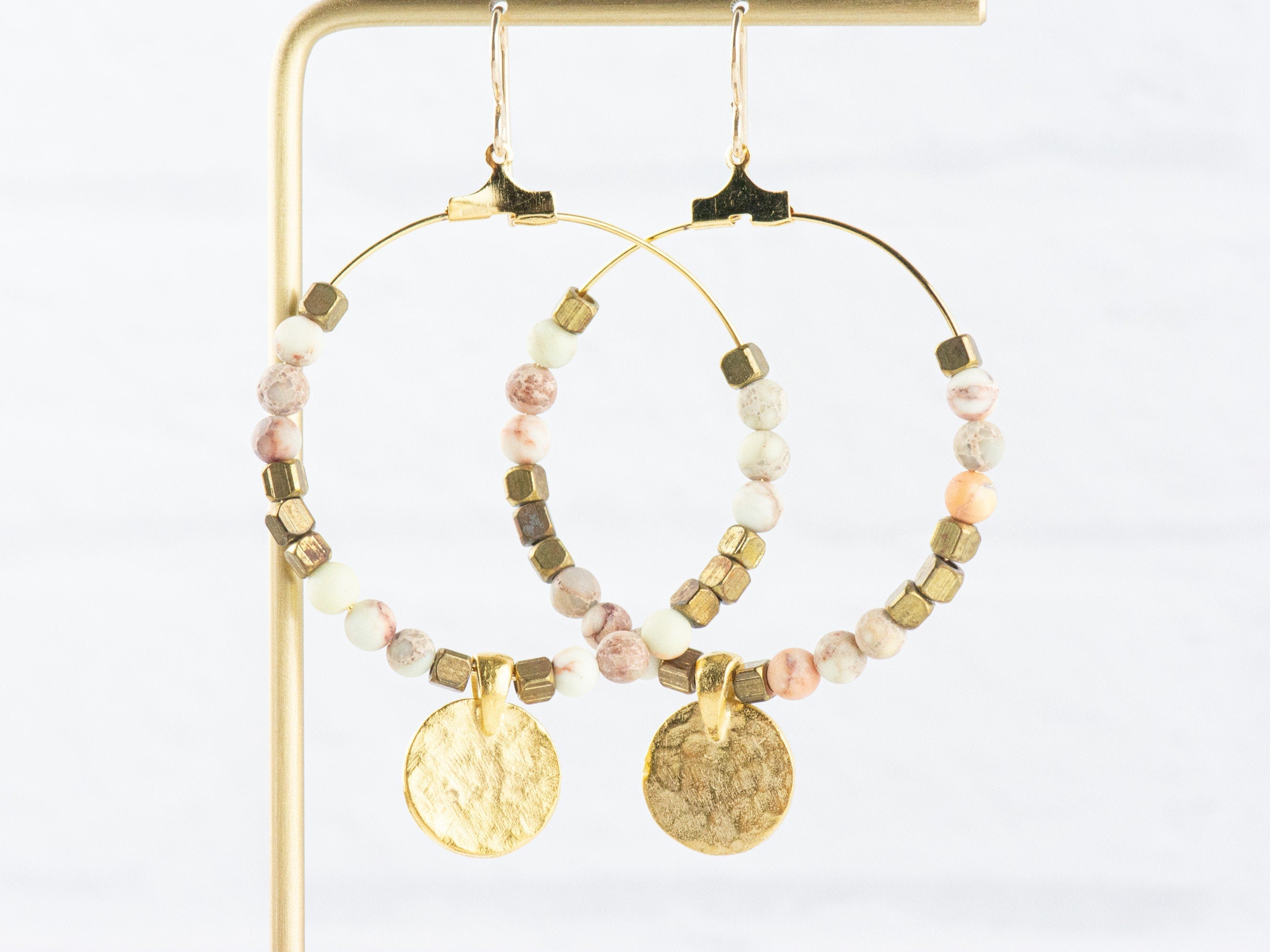 Natural White Impression Jasper Gold Coin Hoop Earrings • Gemstone Jewelry • Boho Dangle Earrings • Jewelry Gift for Her