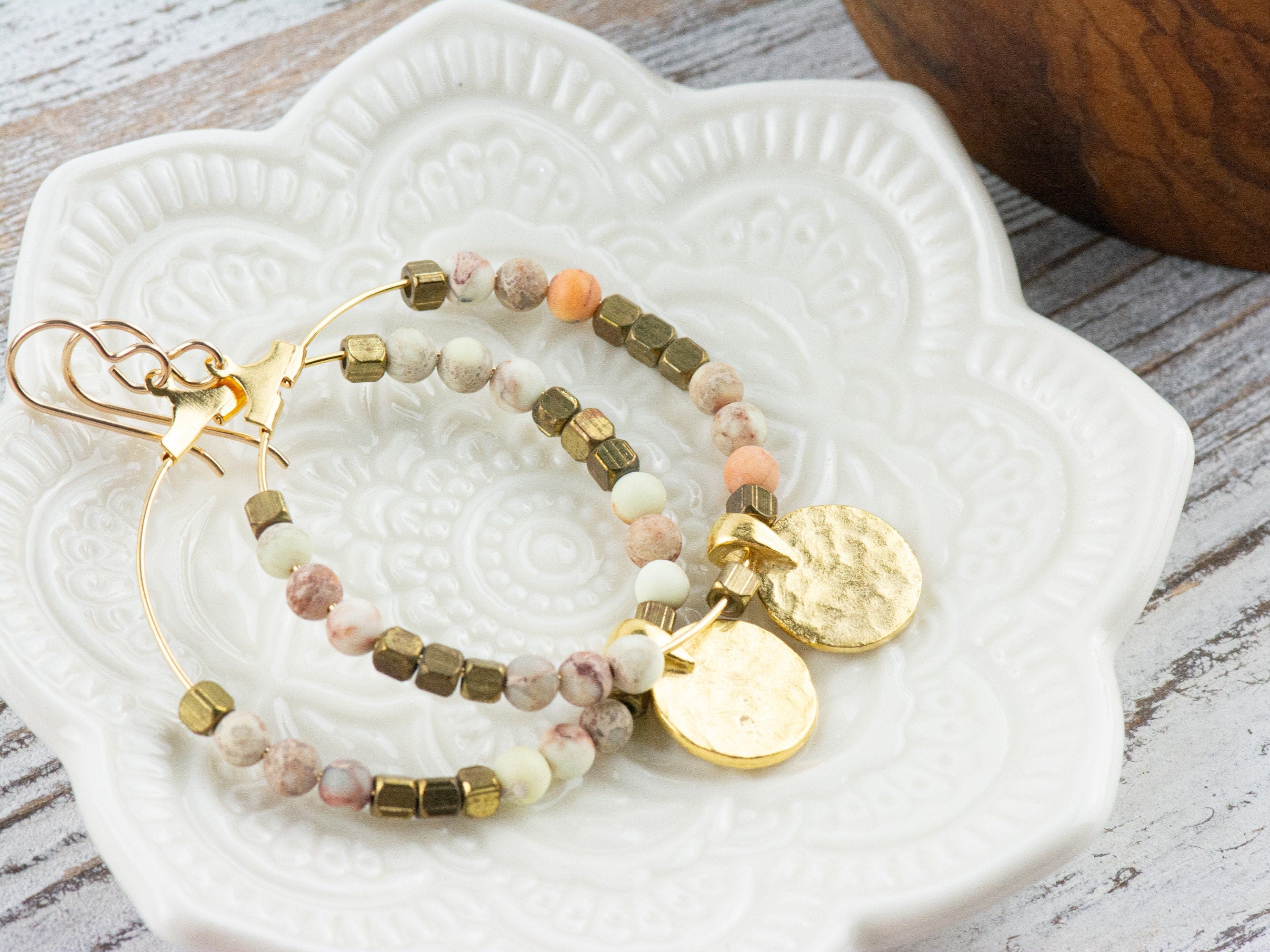 Natural White Impression Jasper Gold Coin Hoop Earrings • Gemstone Jewelry • Boho Dangle Earrings • Jewelry Gift for Her