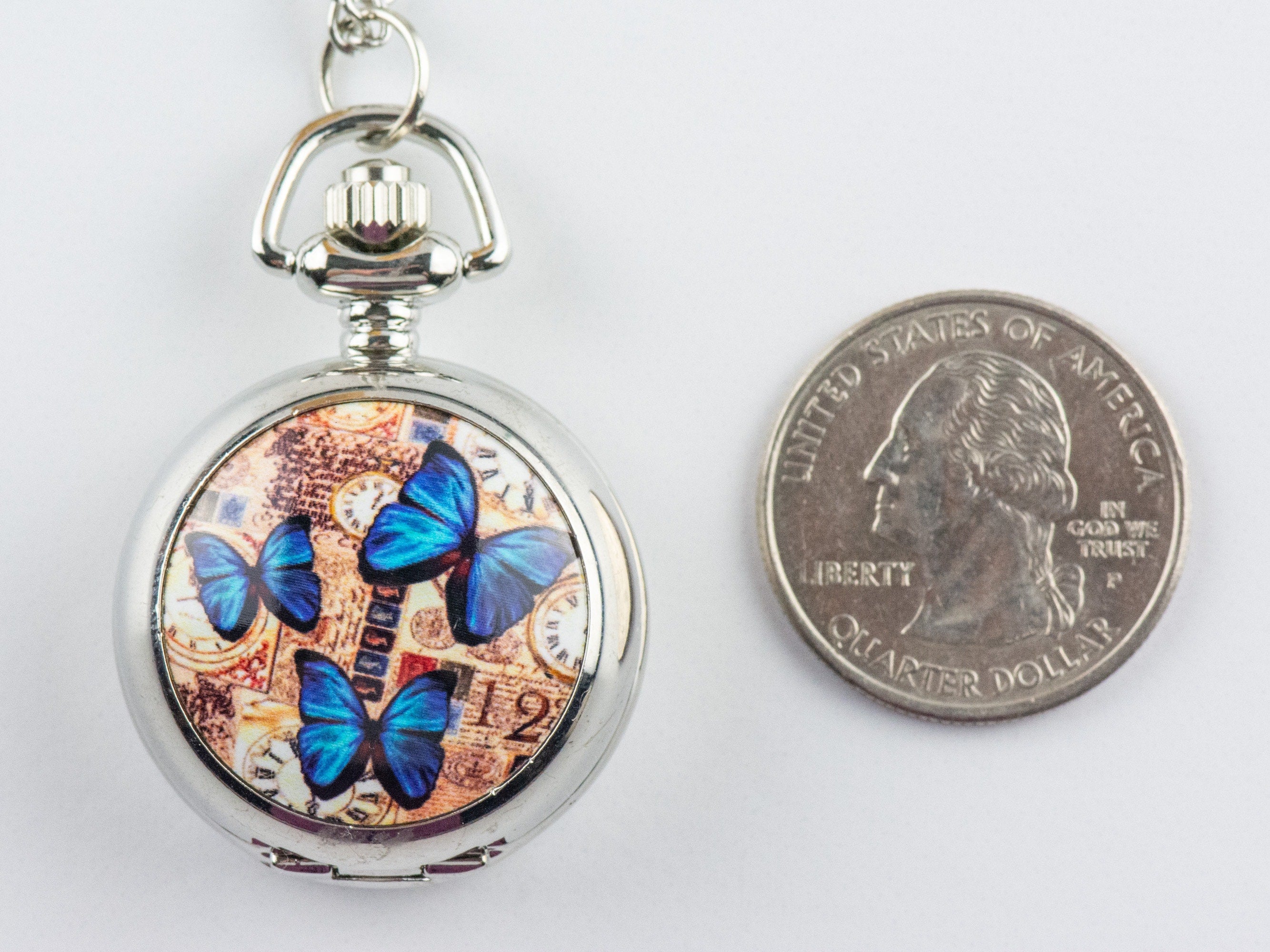 Butterfly Print Porcelain Pocket Watch Long Necklace / Unique Watches / Nature Inspired Jewelry