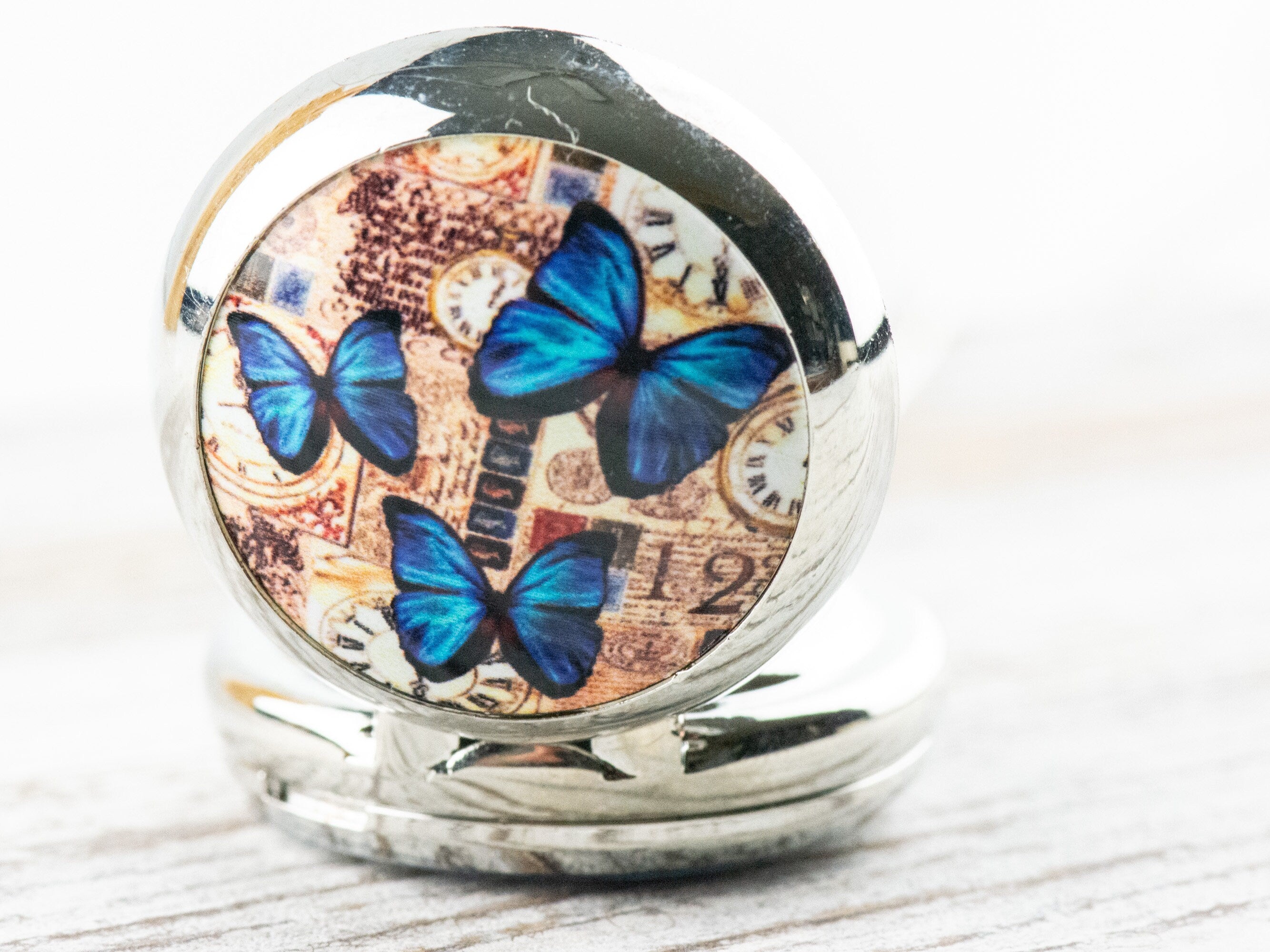 Butterfly Print Porcelain Pocket Watch Long Necklace / Unique Watches / Nature Inspired Jewelry