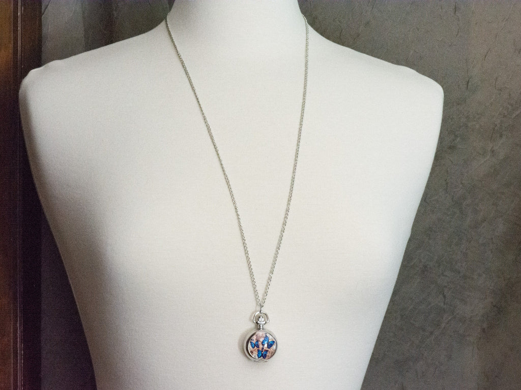 Butterfly Print Porcelain Pocket Watch Long Necklace / Unique Watches / Nature Inspired Jewelry