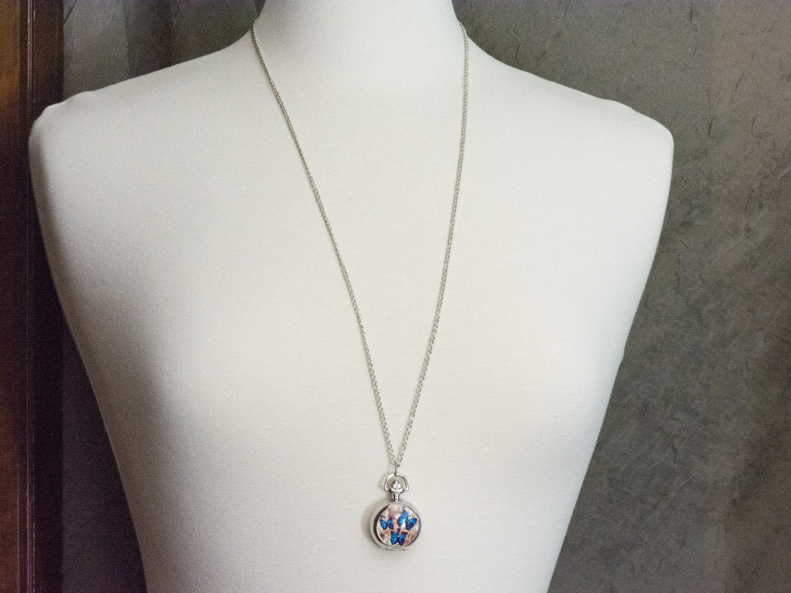 Butterfly Print Porcelain Pocket Watch Long Necklace / Unique Watches / Nature Inspired Jewelry