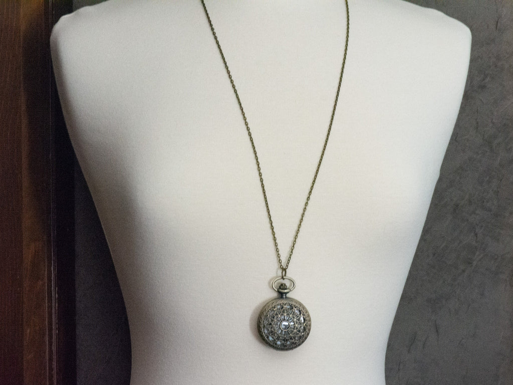 Spiderweb Bronze Pocket Watch Long Necklace / Unique Watches / Spider Jewelry / Large Pocket Watch