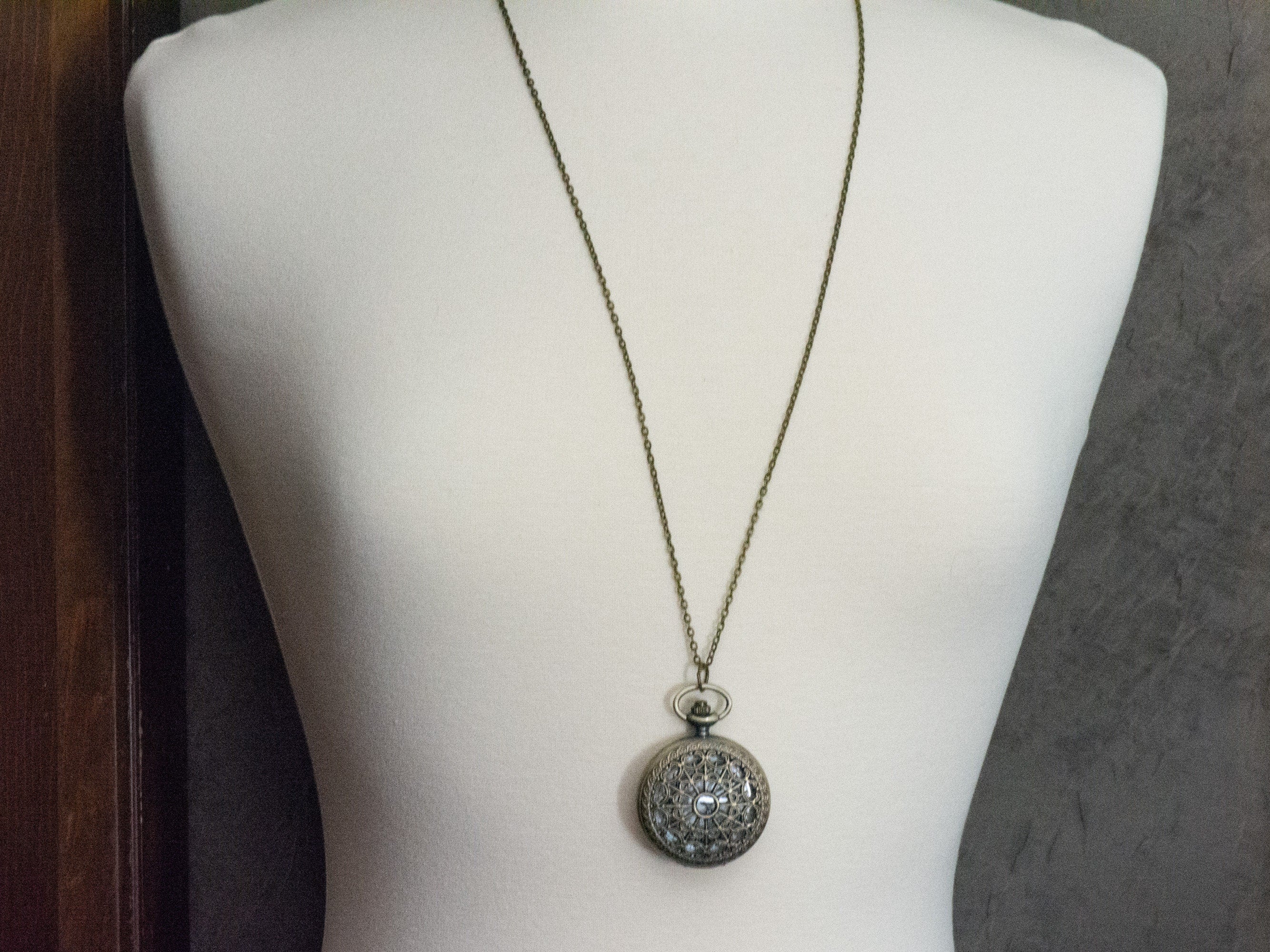 Spiderweb Bronze Pocket Watch Long Necklace / Unique Watches / Spider Jewelry / Large Pocket Watch