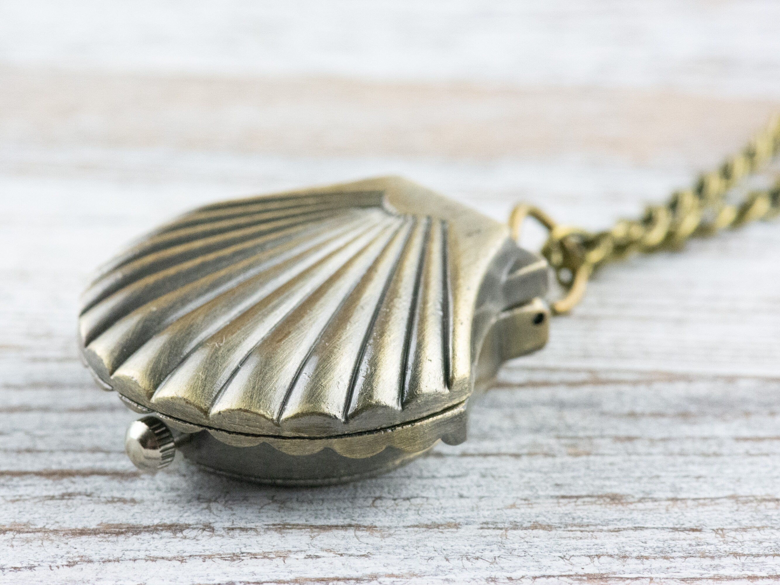 Seashell Bronze Pocket Watch Long Necklace / Unique Watches / Ocean Theme Jewelry