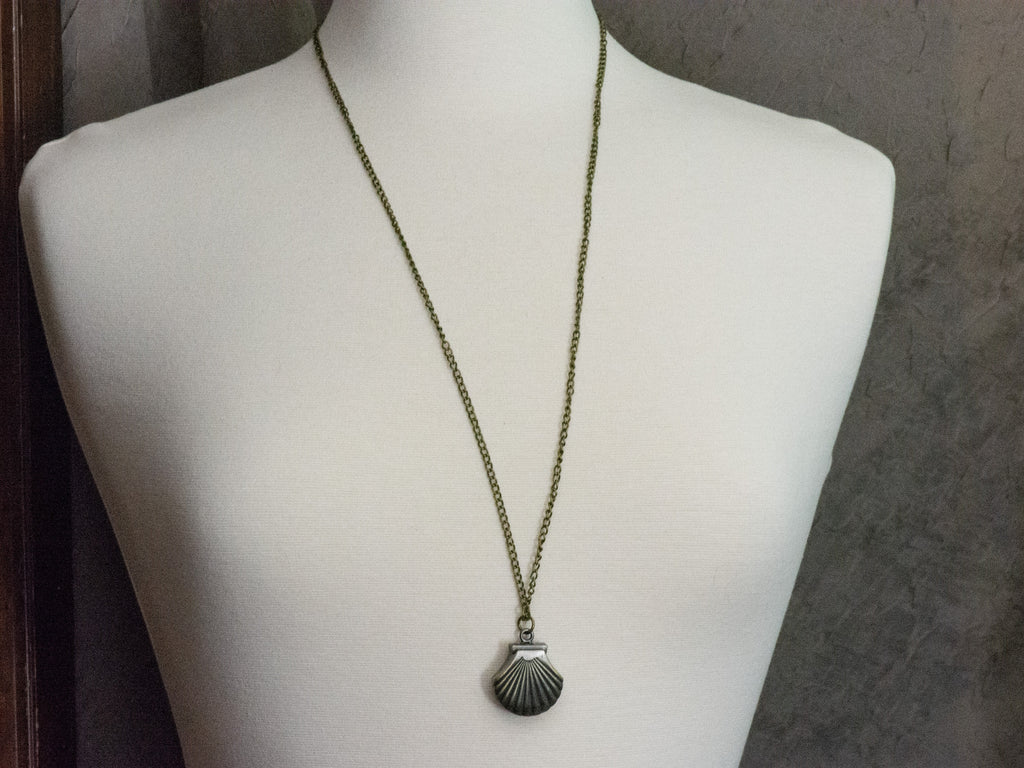 Seashell Bronze Pocket Watch Long Necklace / Unique Watches / Ocean Theme Jewelry